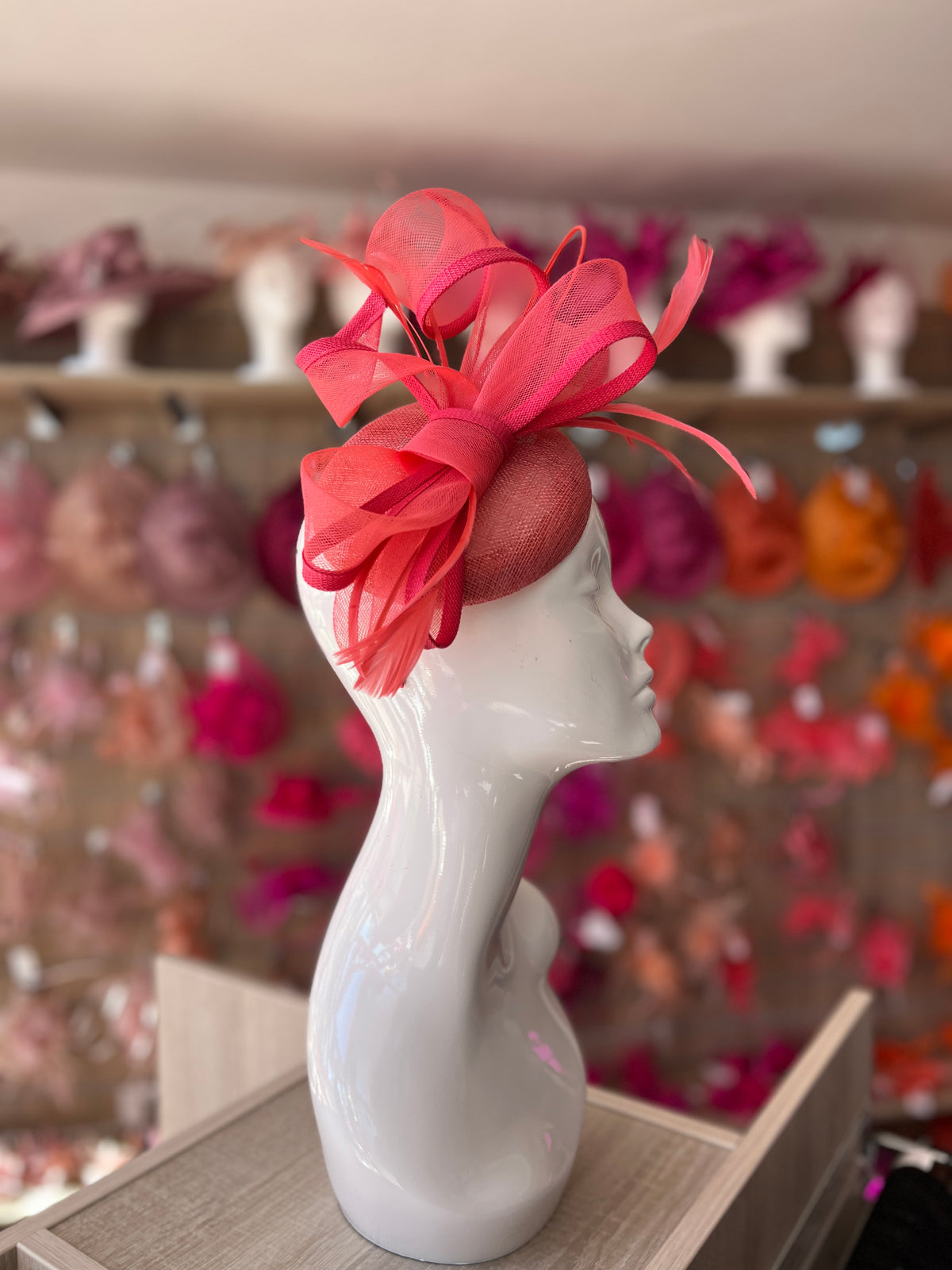 Salmon Pill Box Bow Feather Fascinator-Fascinators Direct