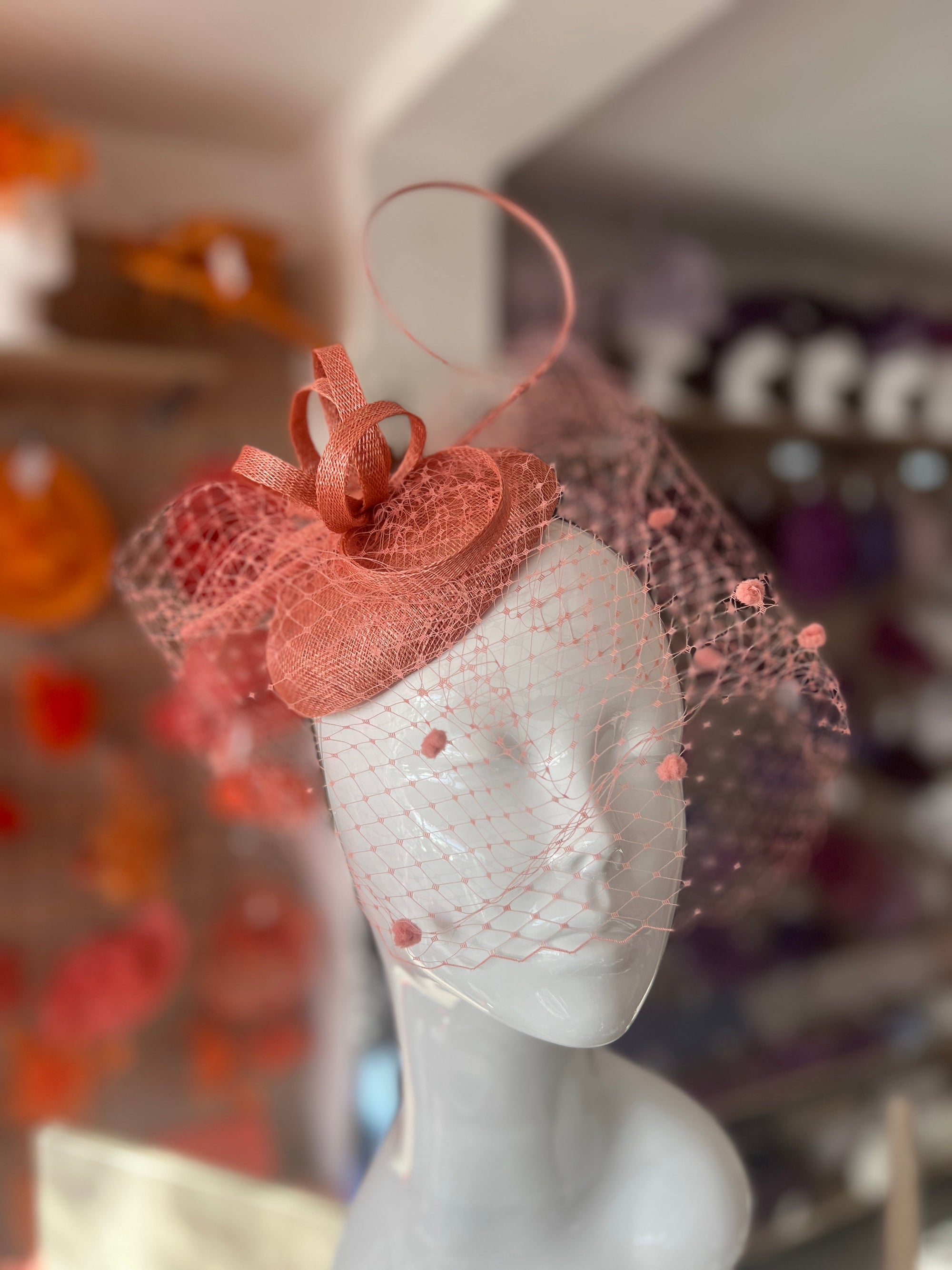 Salmon Pillbox Hat with Veil & Curled Quill-Fascinators Direct