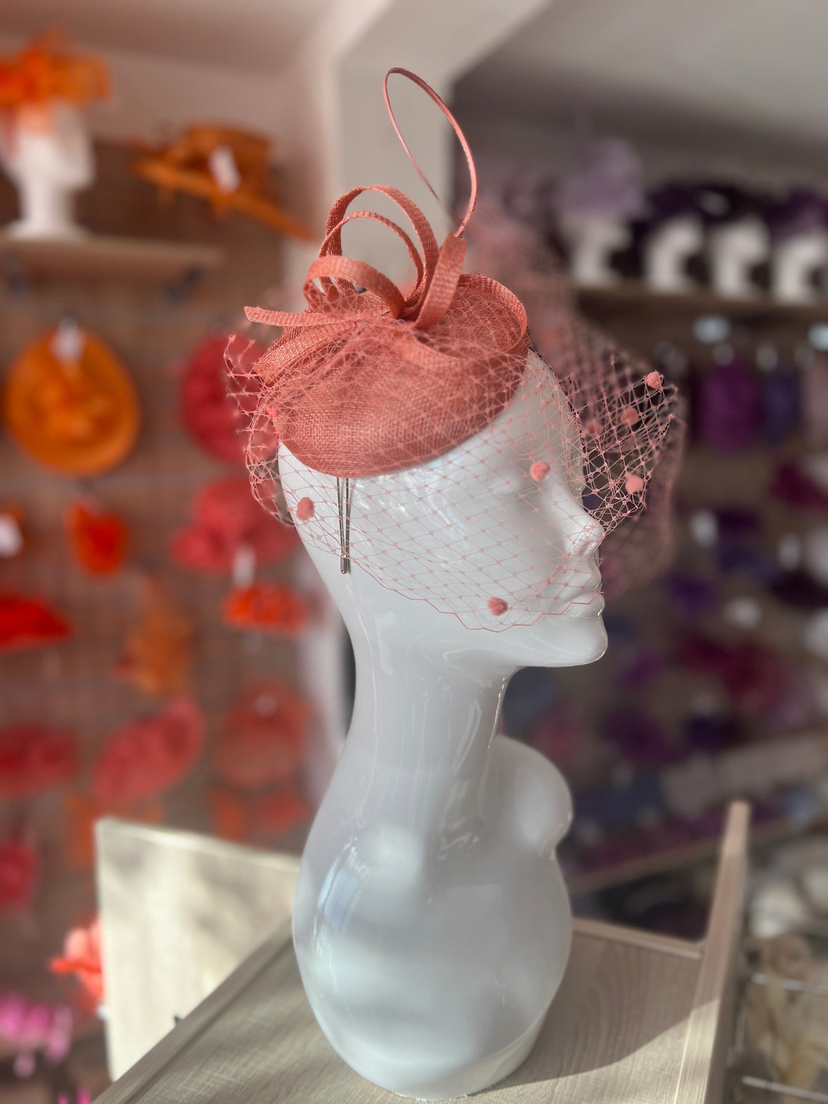 Salmon Pillbox Hat with Veil &amp; Curled Quill-Fascinators Direct