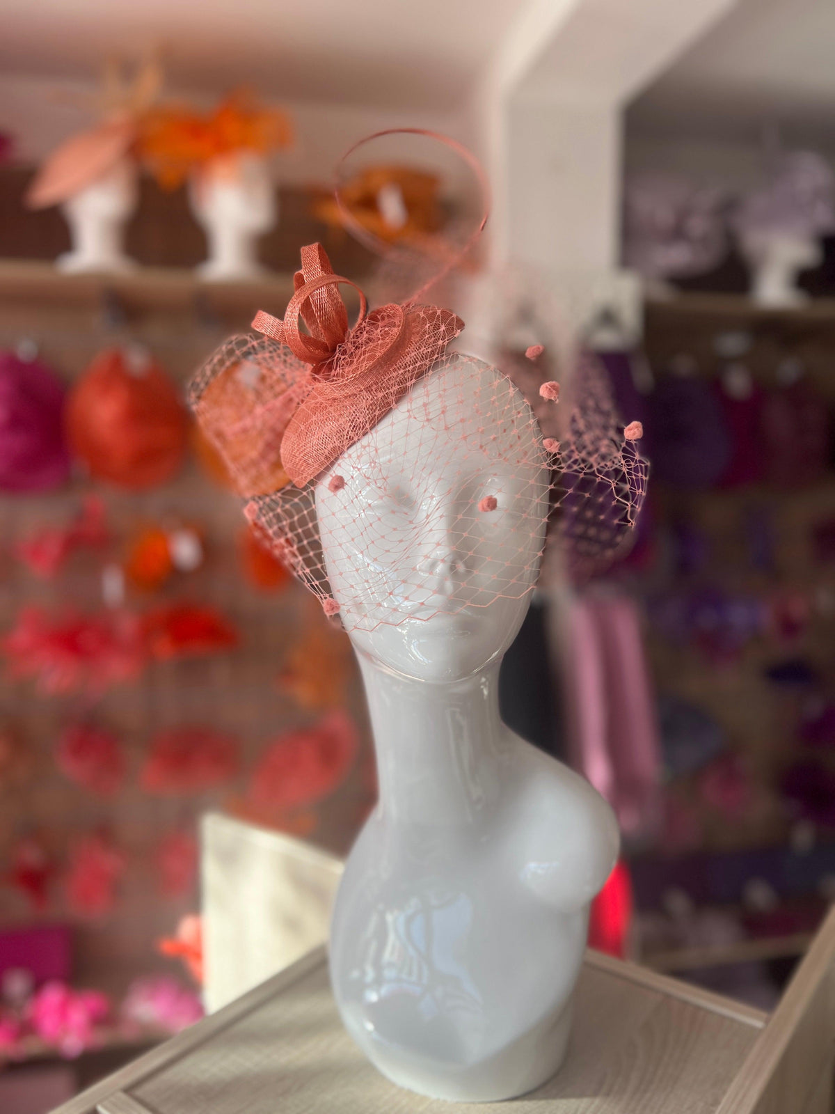 Salmon Pillbox Hat with Veil &amp; Curled Quill-Fascinators Direct