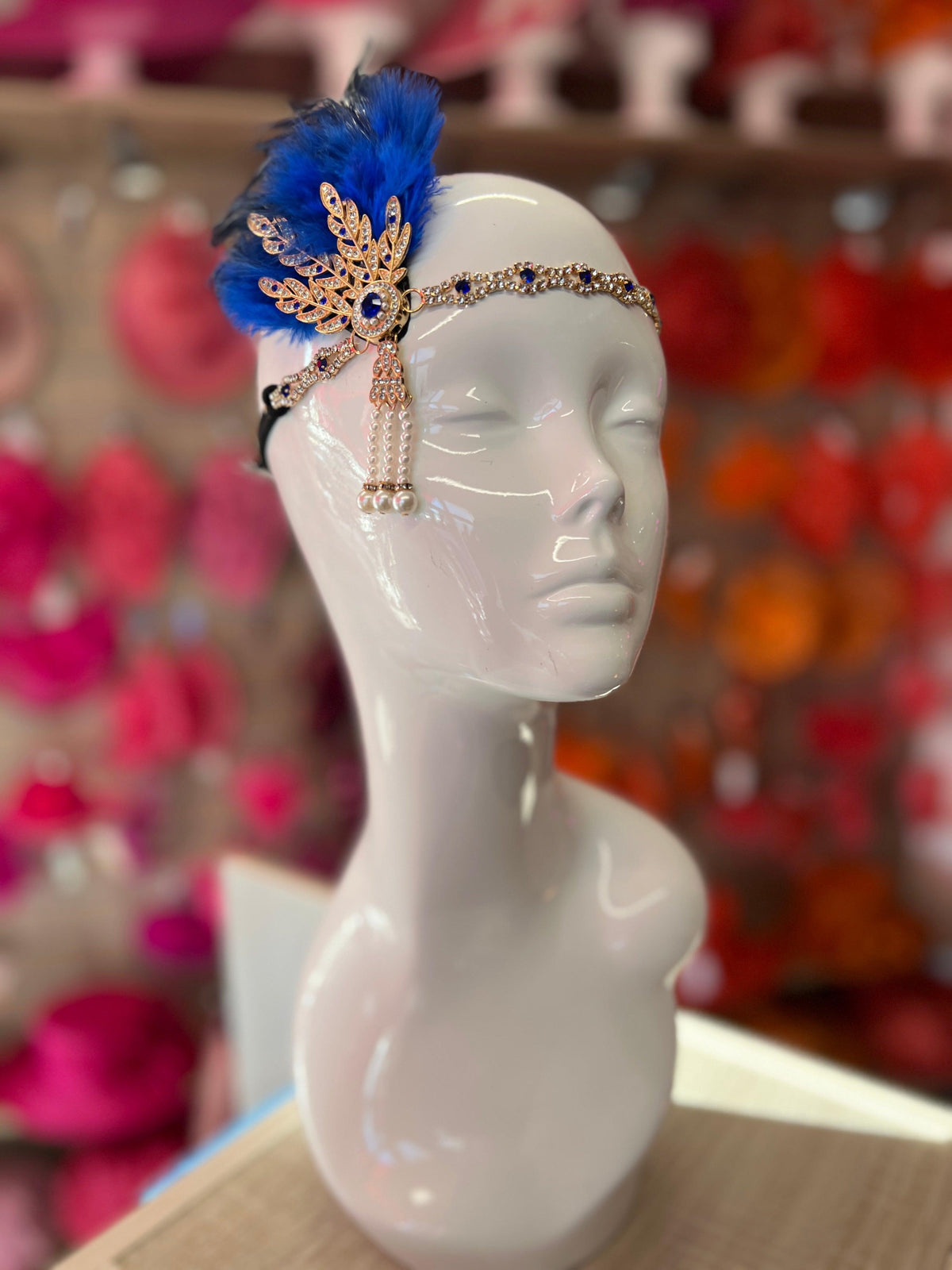 Sapphire 1920&#39;s Style Feather Flapper Headpiece With Hanging Pearls-Fascinators Direct
