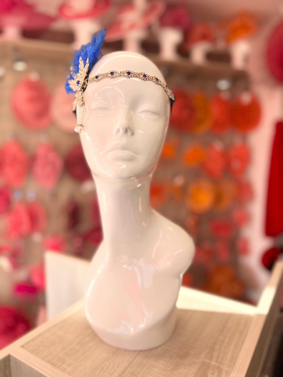 Sapphire 1920&#39;s Style Feather Flapper Headpiece With Hanging Pearls-Fascinators Direct