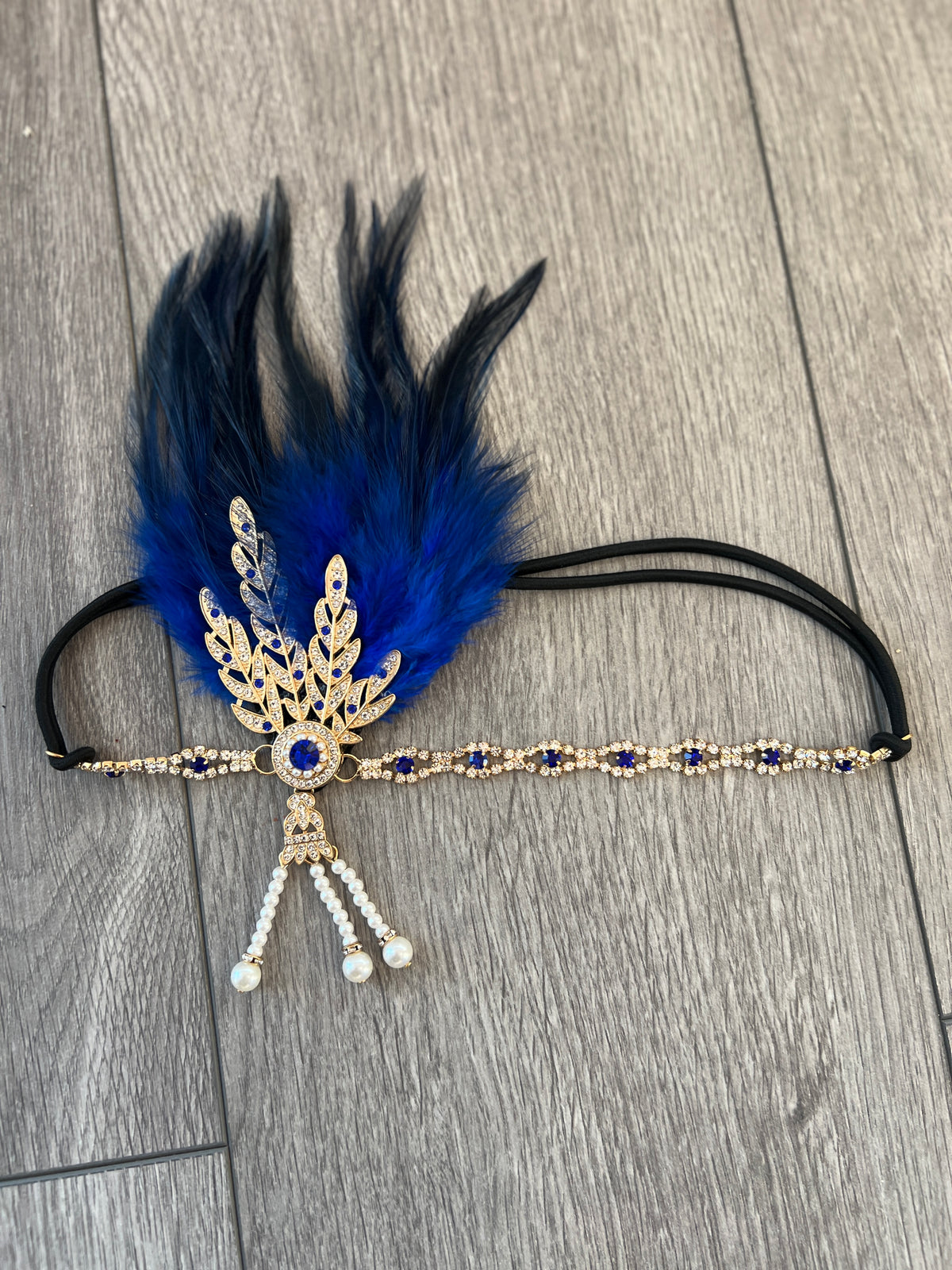 Sapphire 1920&#39;s Style Feather Flapper Headpiece With Hanging Pearls-Fascinators Direct