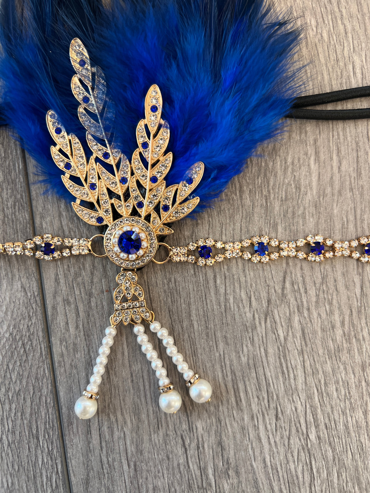 Sapphire 1920&#39;s Style Feather Flapper Headpiece With Hanging Pearls-Fascinators Direct