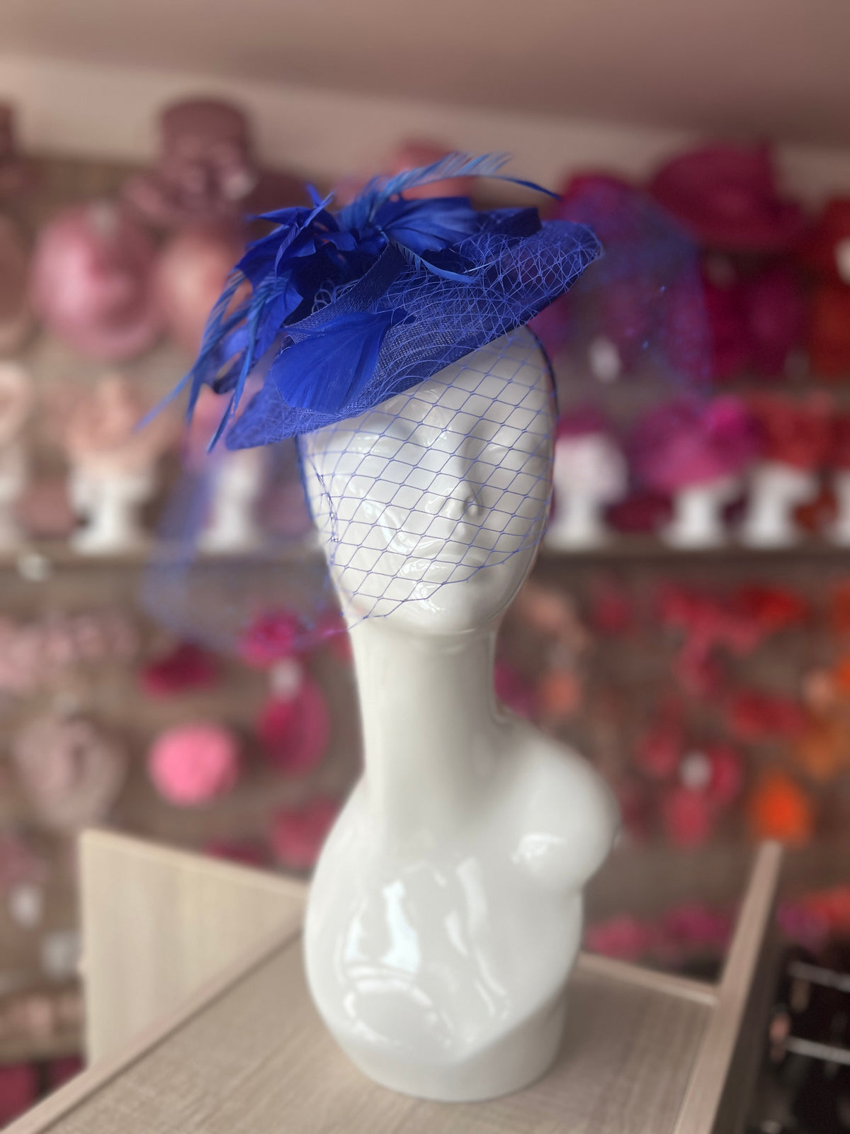 Sapphire Blue Hatinator With Feather Flower &amp; Veil-Fascinators Direct