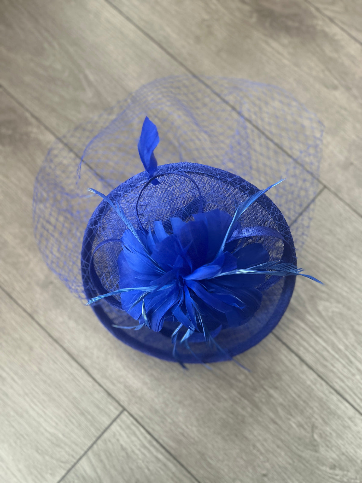 Sapphire Blue Hatinator With Feather Flower &amp; Veil-Fascinators Direct