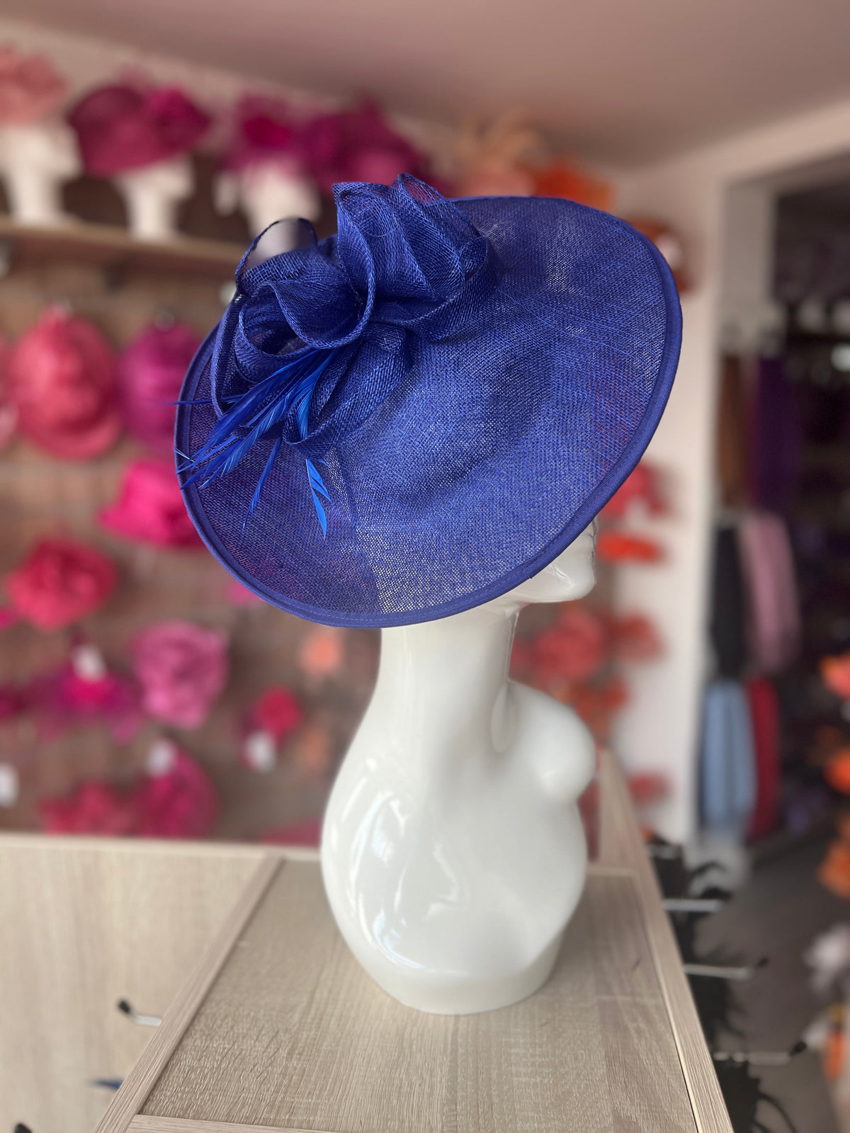 Sapphire Blue Teardrop Disc Fascinator With Feathers-Fascinators Direct
