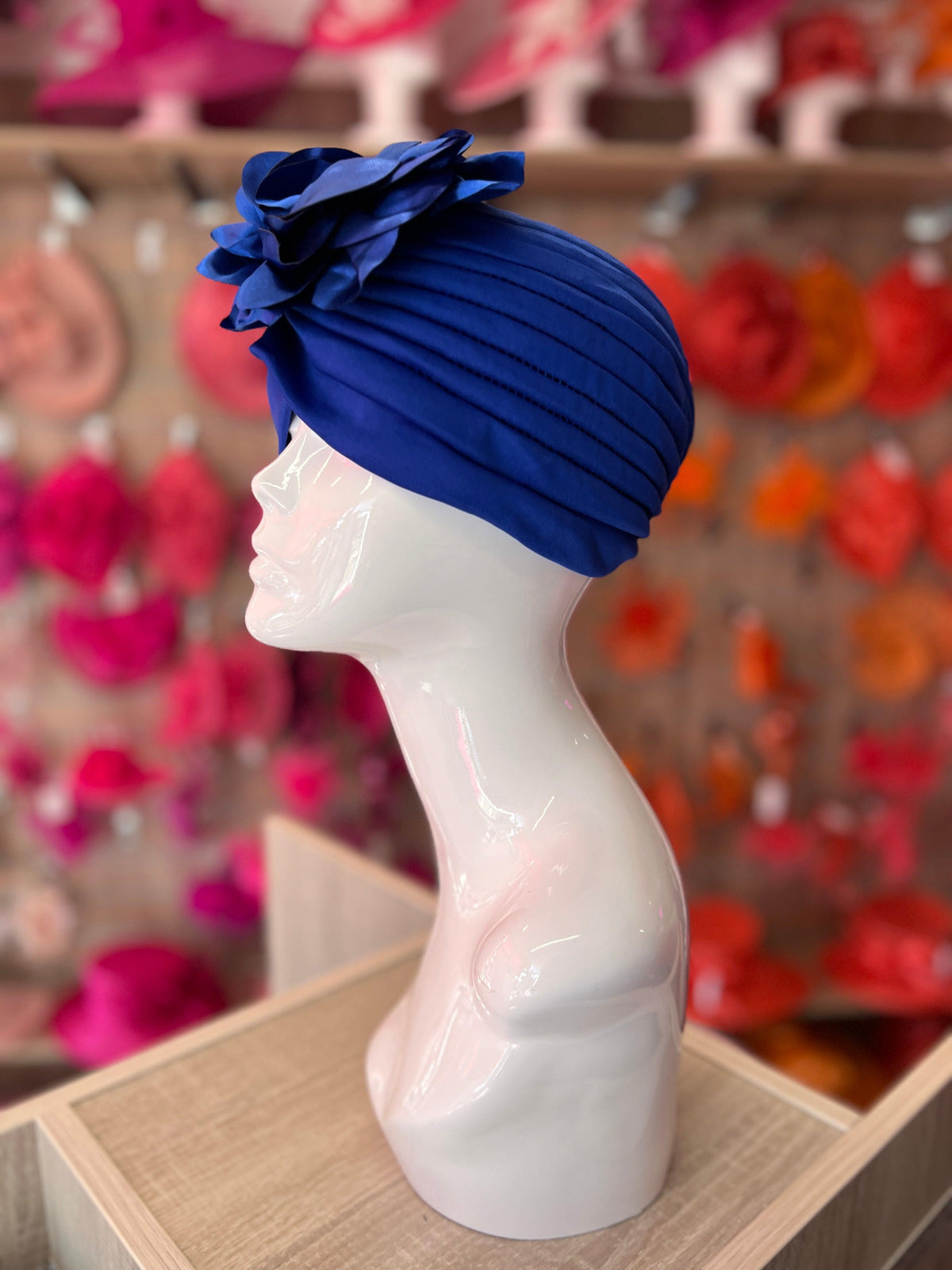 Sapphire Blue Turban With Large Satin Flower-Fascinators Direct