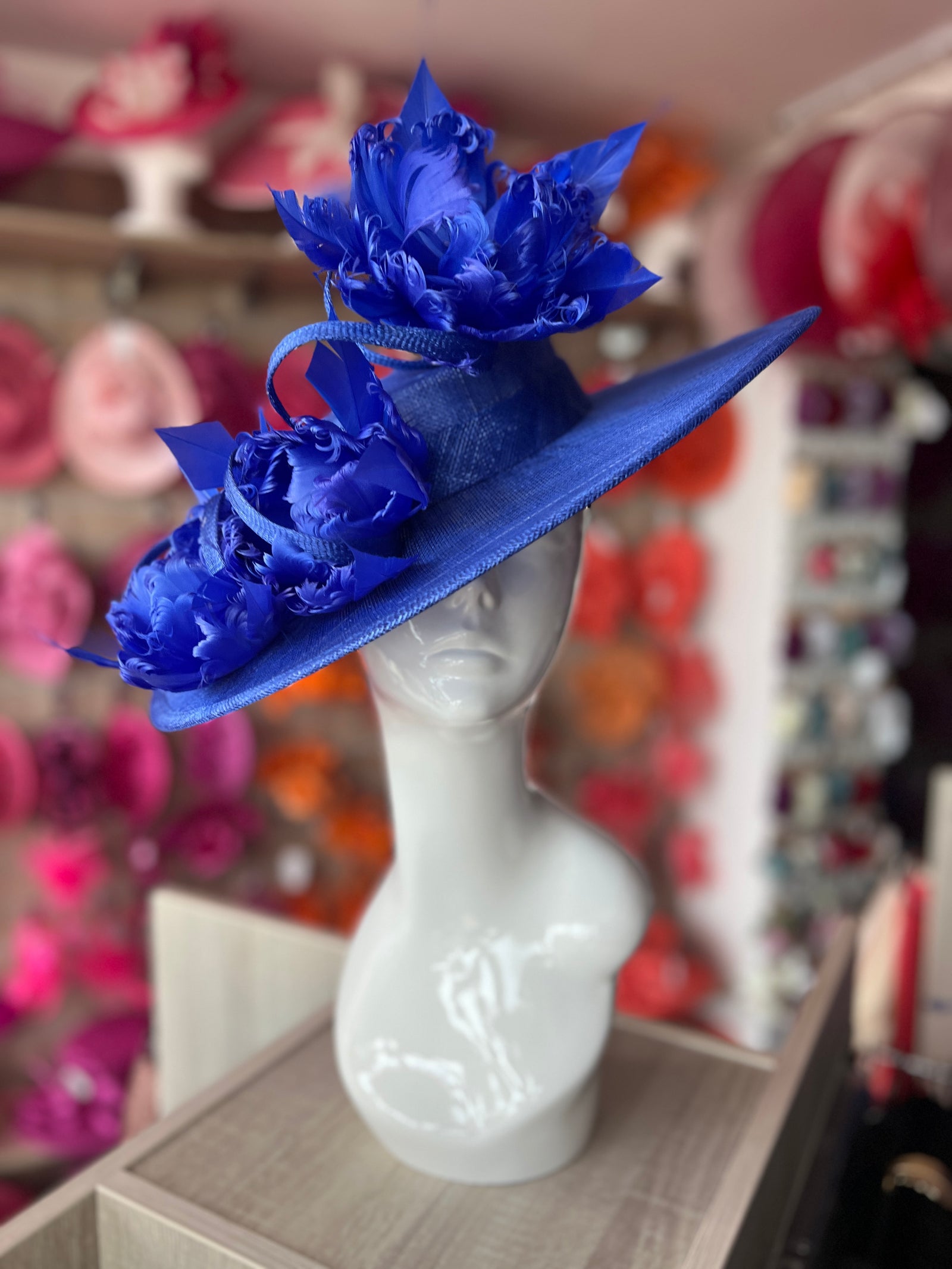 Sapphire Boater Style Hat With Goblet Feather Flowers-Fascinators Direct