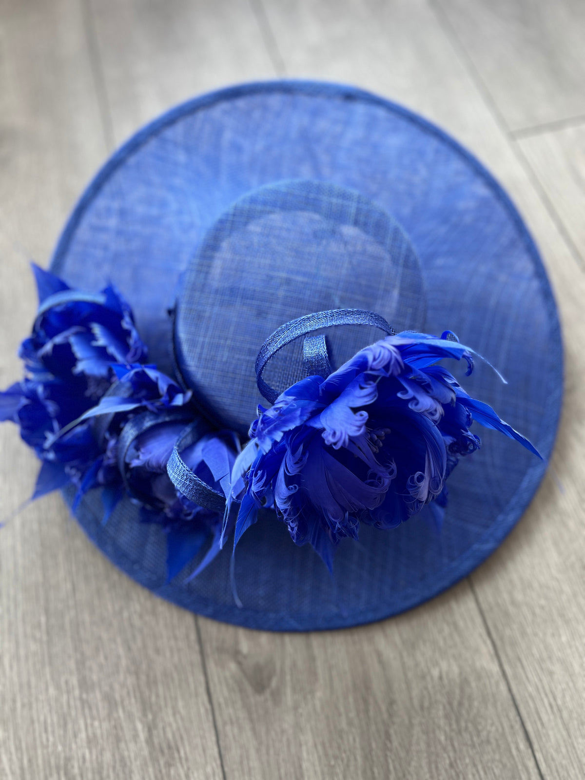 Sapphire Boater Style Hat With Goblet Feather Flowers-Fascinators Direct