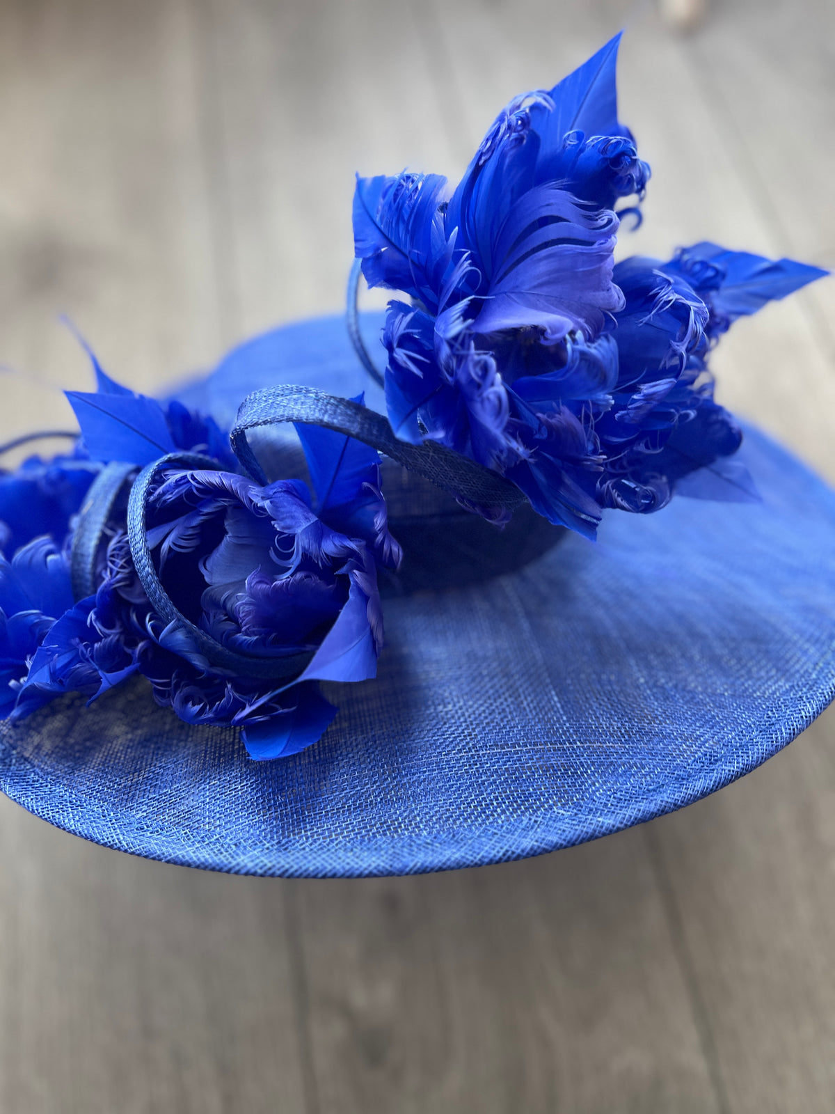 Sapphire Boater Style Hat With Goblet Feather Flowers-Fascinators Direct