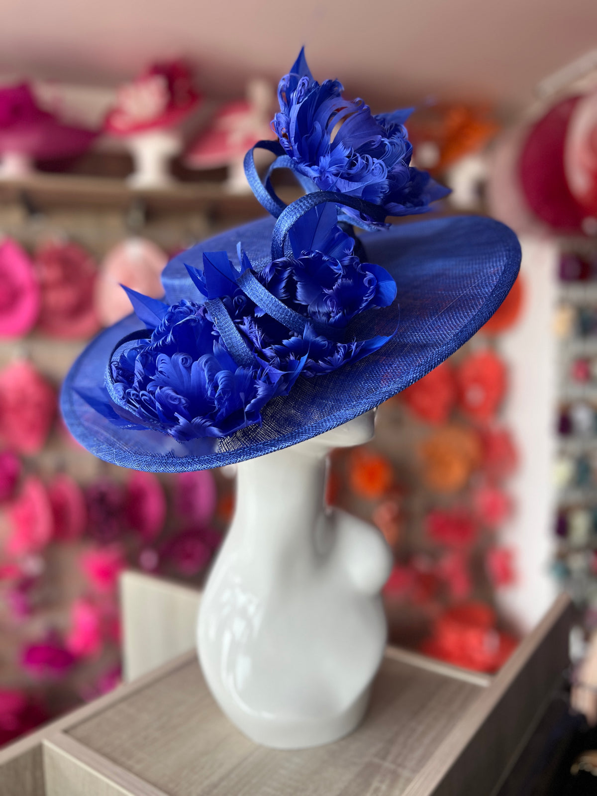 Sapphire Boater Style Hat With Goblet Feather Flowers-Fascinators Direct