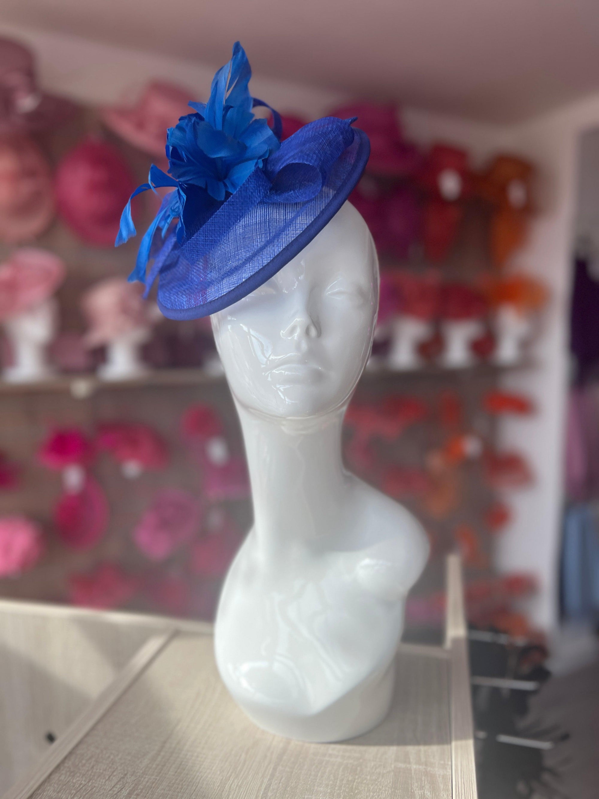 Sapphire Round Fascinator With Spiral loops & Feather Flowers-Fascinators Direct