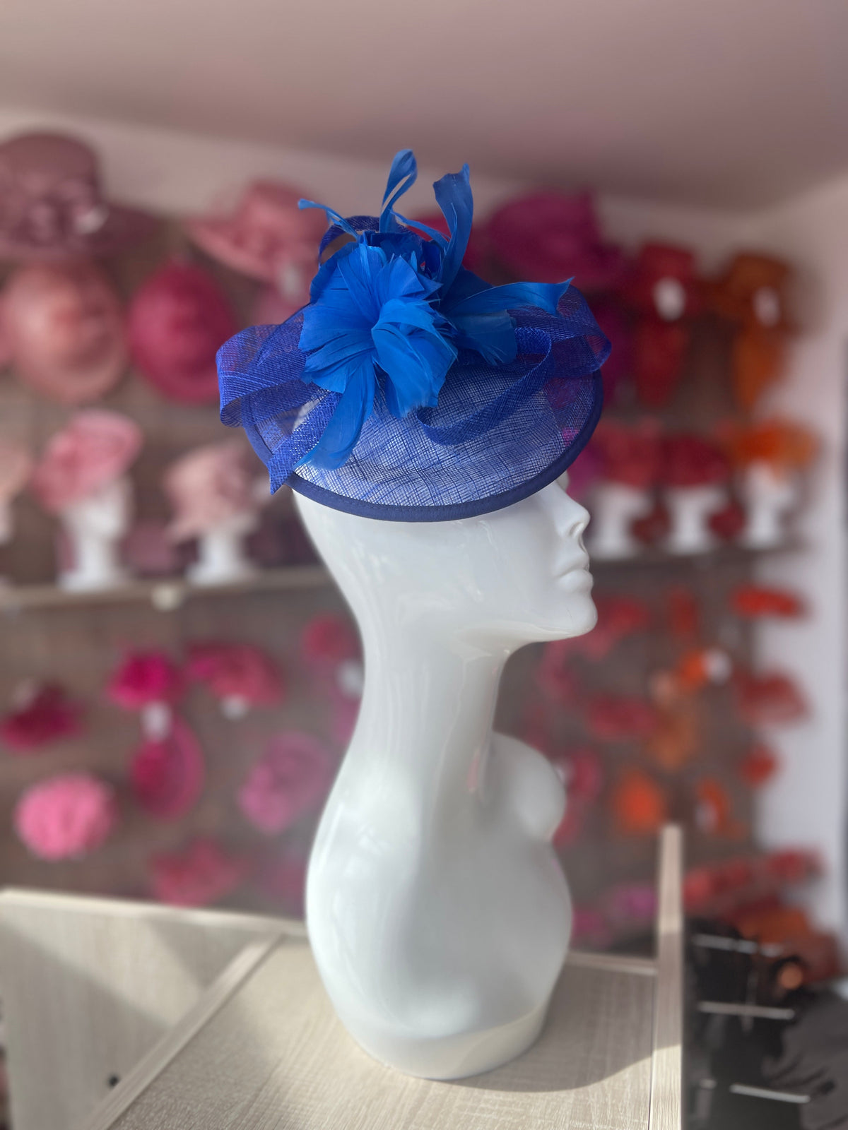 Sapphire Round Fascinator With Spiral loops &amp; Feather Flowers-Fascinators Direct