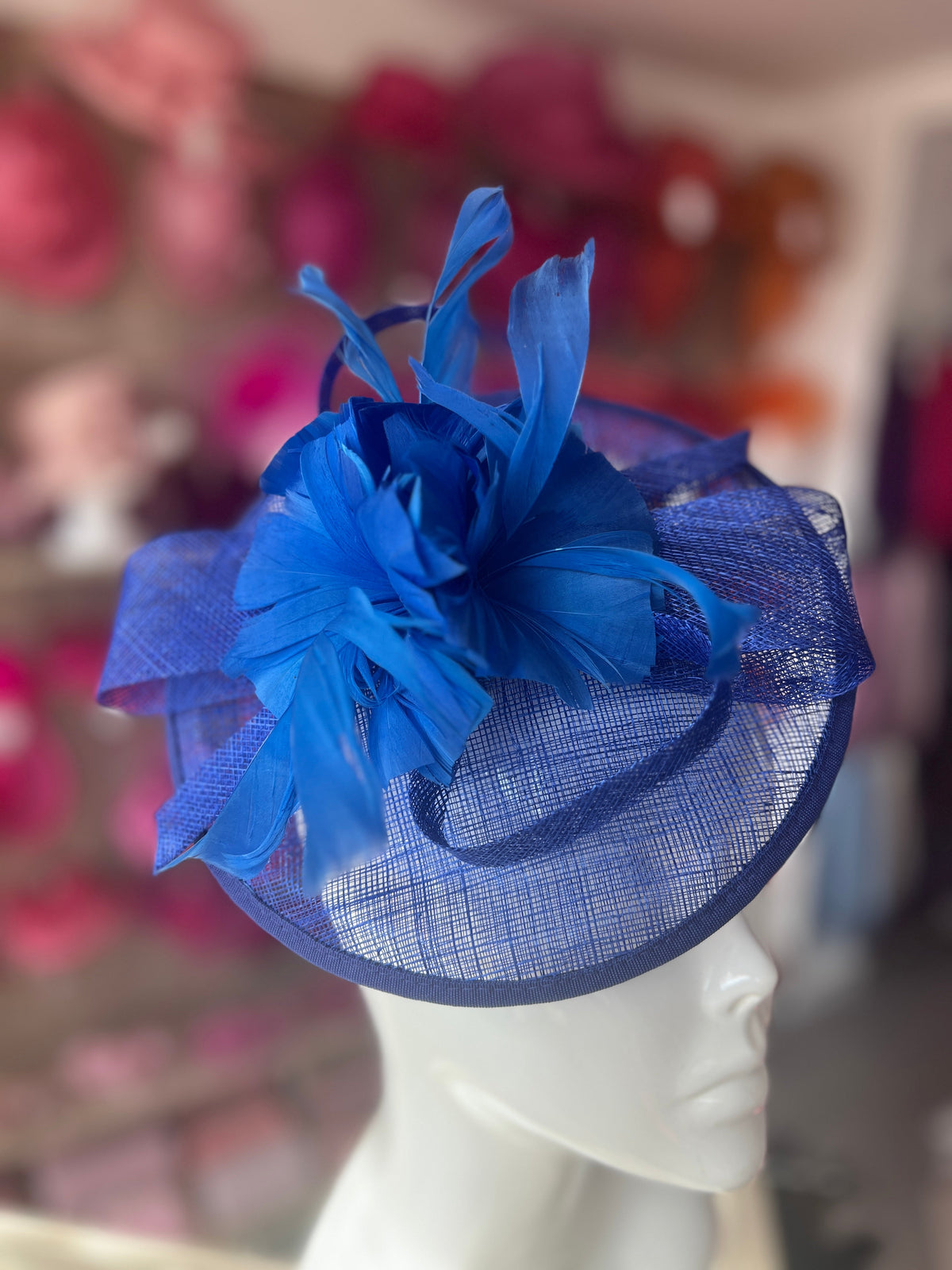 Sapphire Round Fascinator With Spiral loops &amp; Feather Flowers-Fascinators Direct