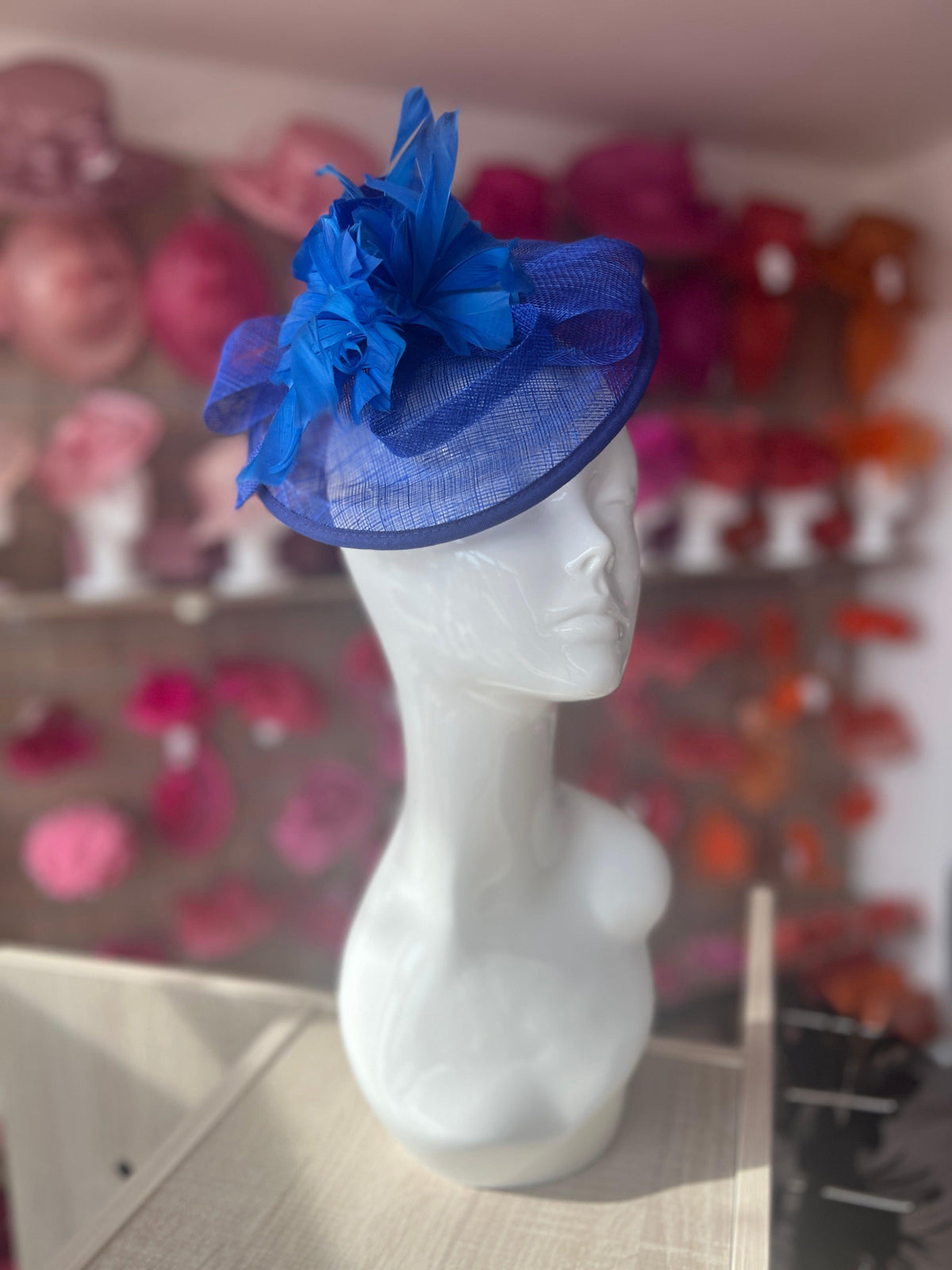 Sapphire Round Fascinator With Spiral loops &amp; Feather Flowers-Fascinators Direct