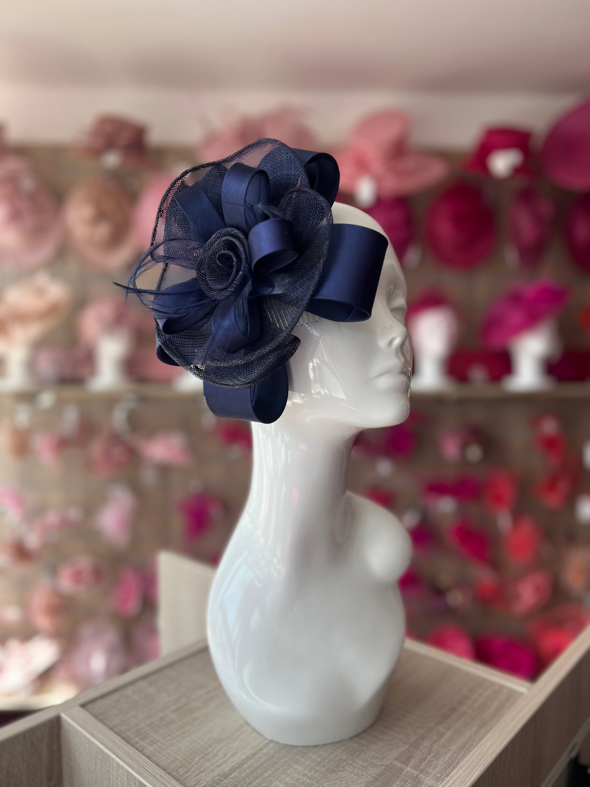 Satin & Sinamay Flower Navy Fascinator-Fascinators Direct