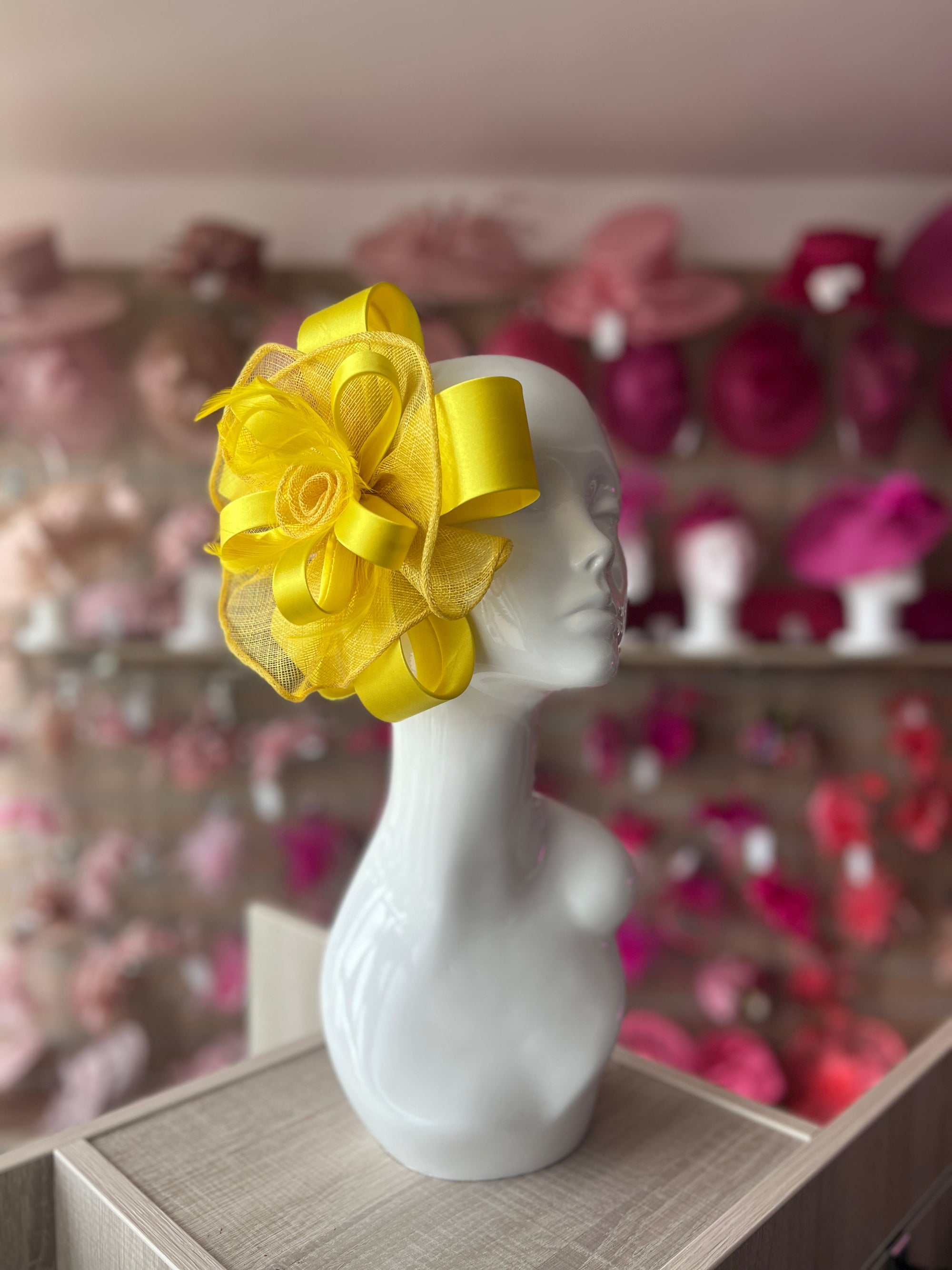 Satin & Sinamay Flower Yellow Fascinator-Fascinators Direct