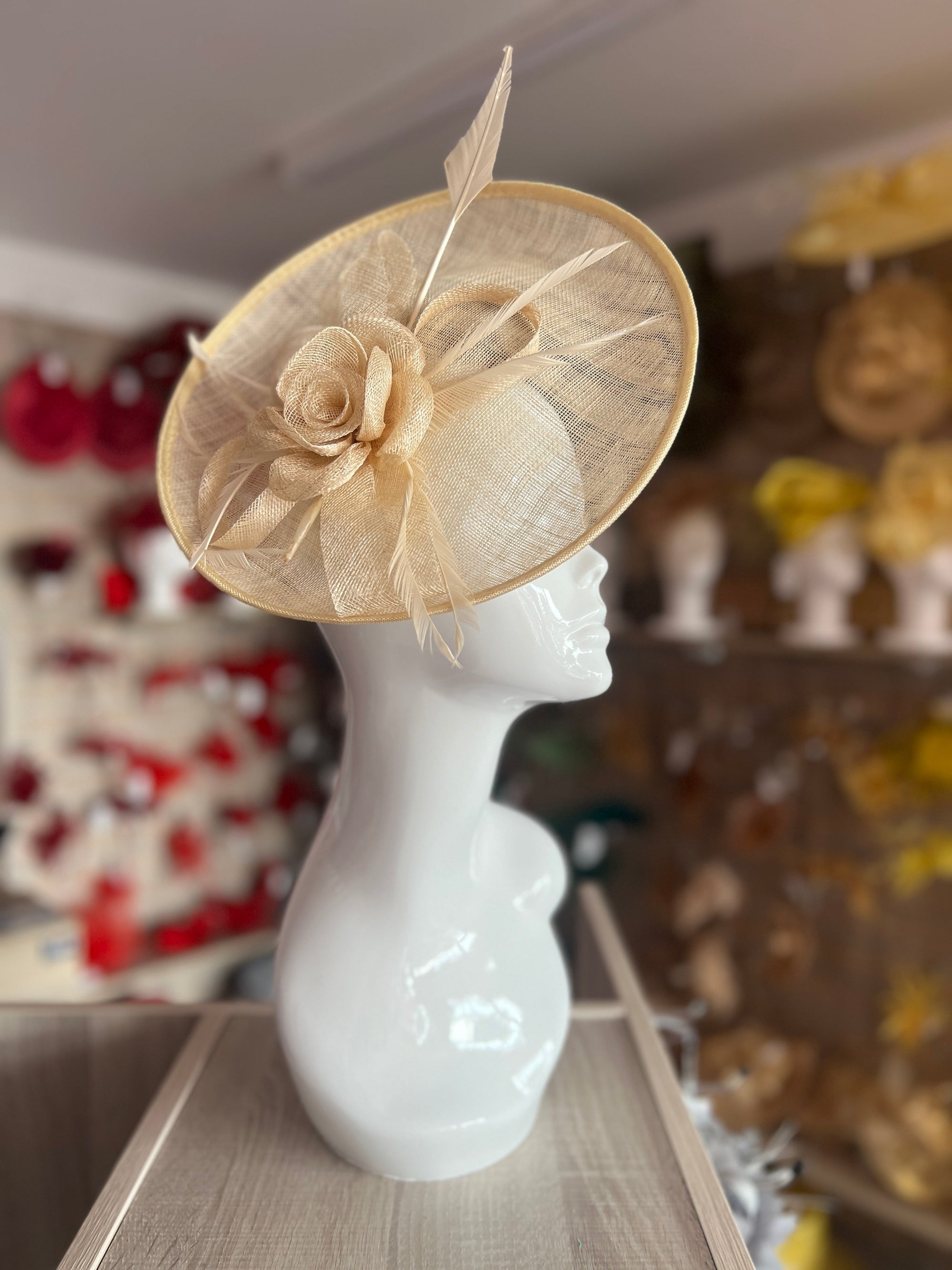 Saucer Style Beige Fascinator Hat with Sinamay Flower & Ribbons-Fascinators Direct