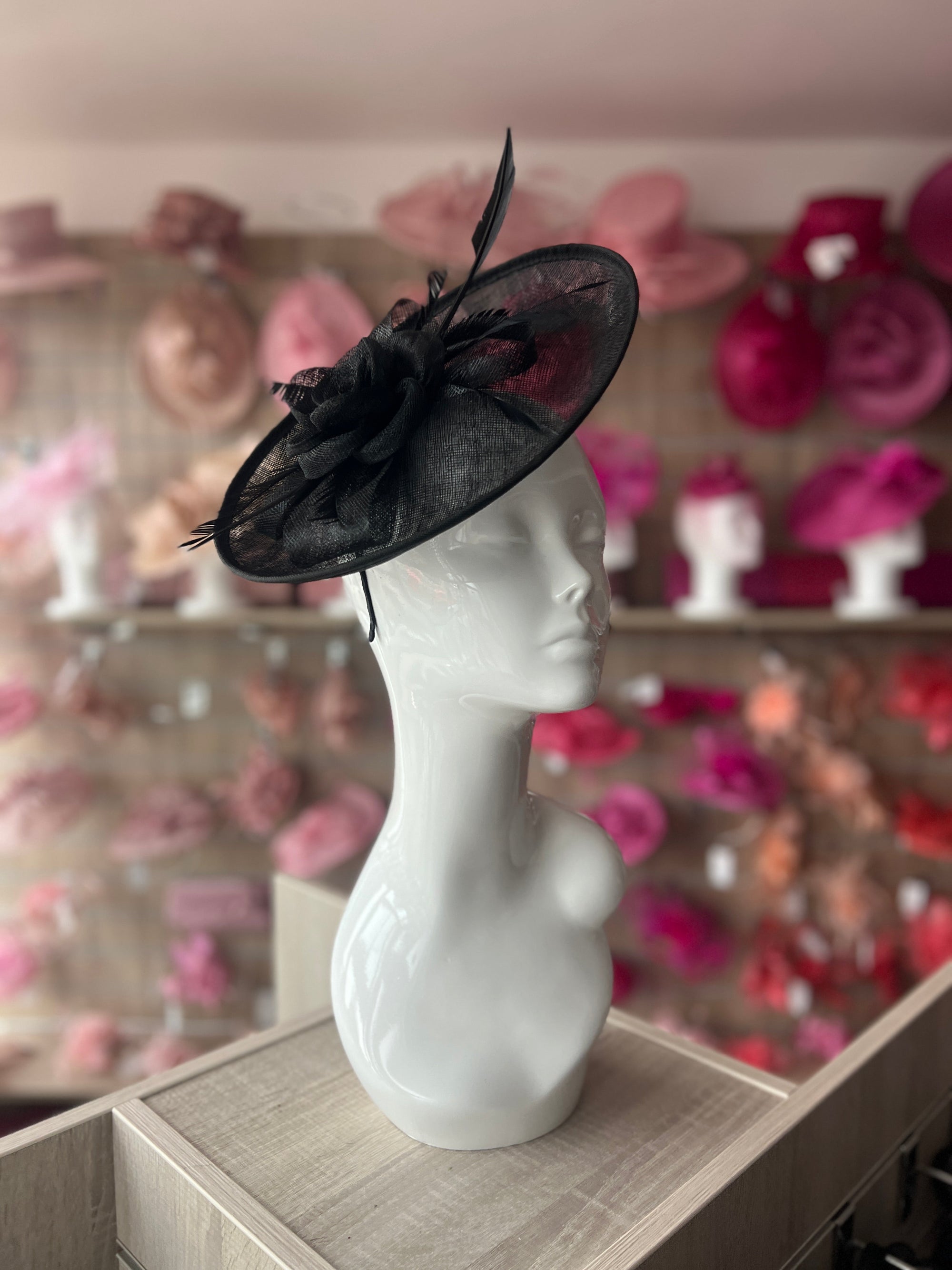 Saucer Style Black Fascinator Hat with Sinamay Flower & Ribbons-Fascinators Direct