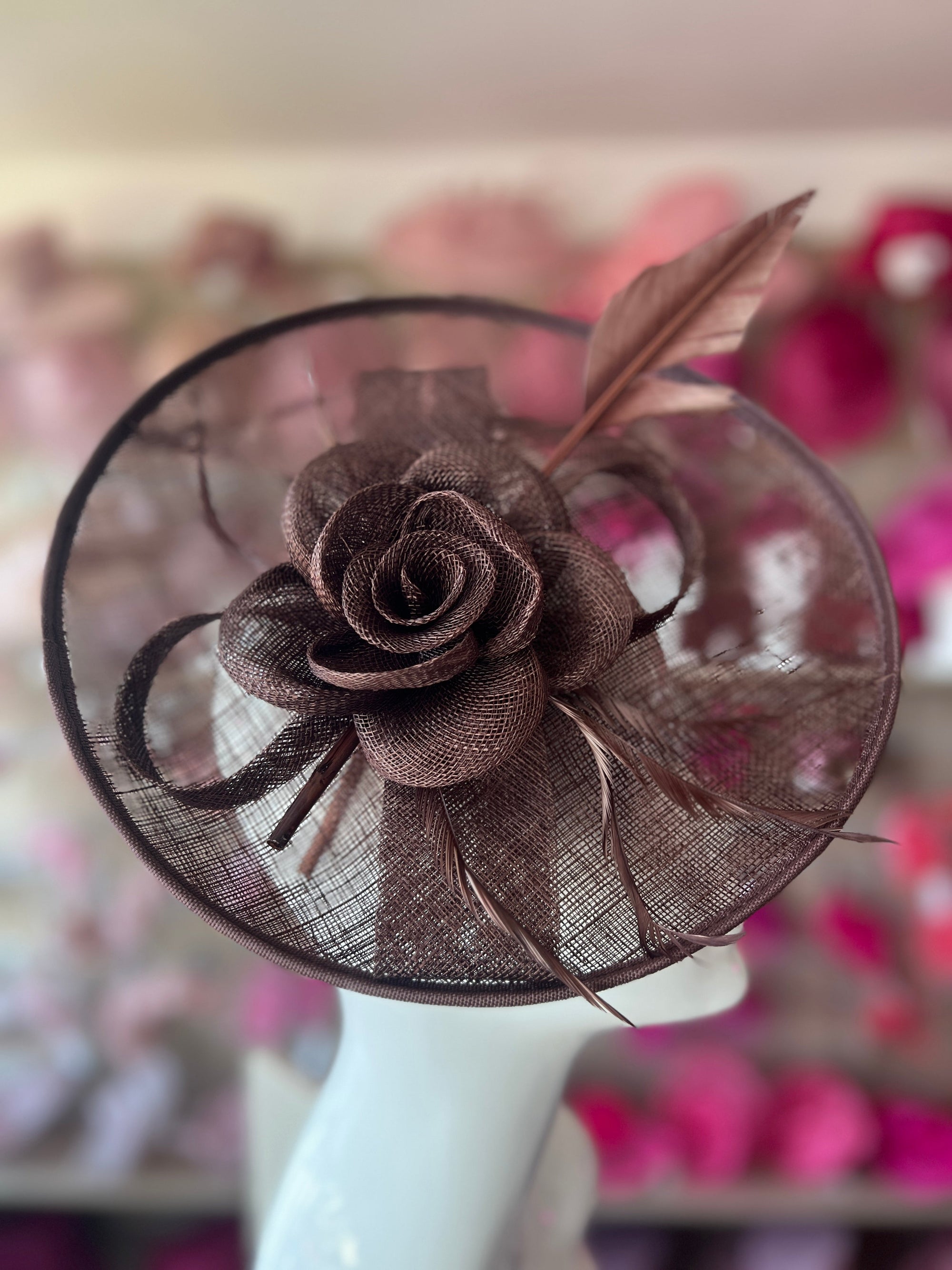 Saucer Style Brown Fascinator Hat with Sinamay Flower & Ribbons-Fascinators Direct