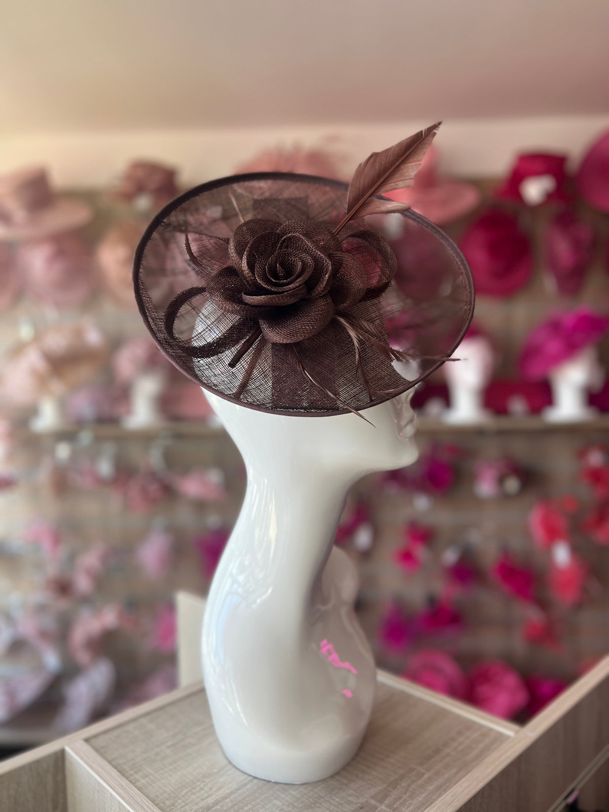 Saucer Style Brown Fascinator Hat with Sinamay Flower &amp; Ribbons-Fascinators Direct