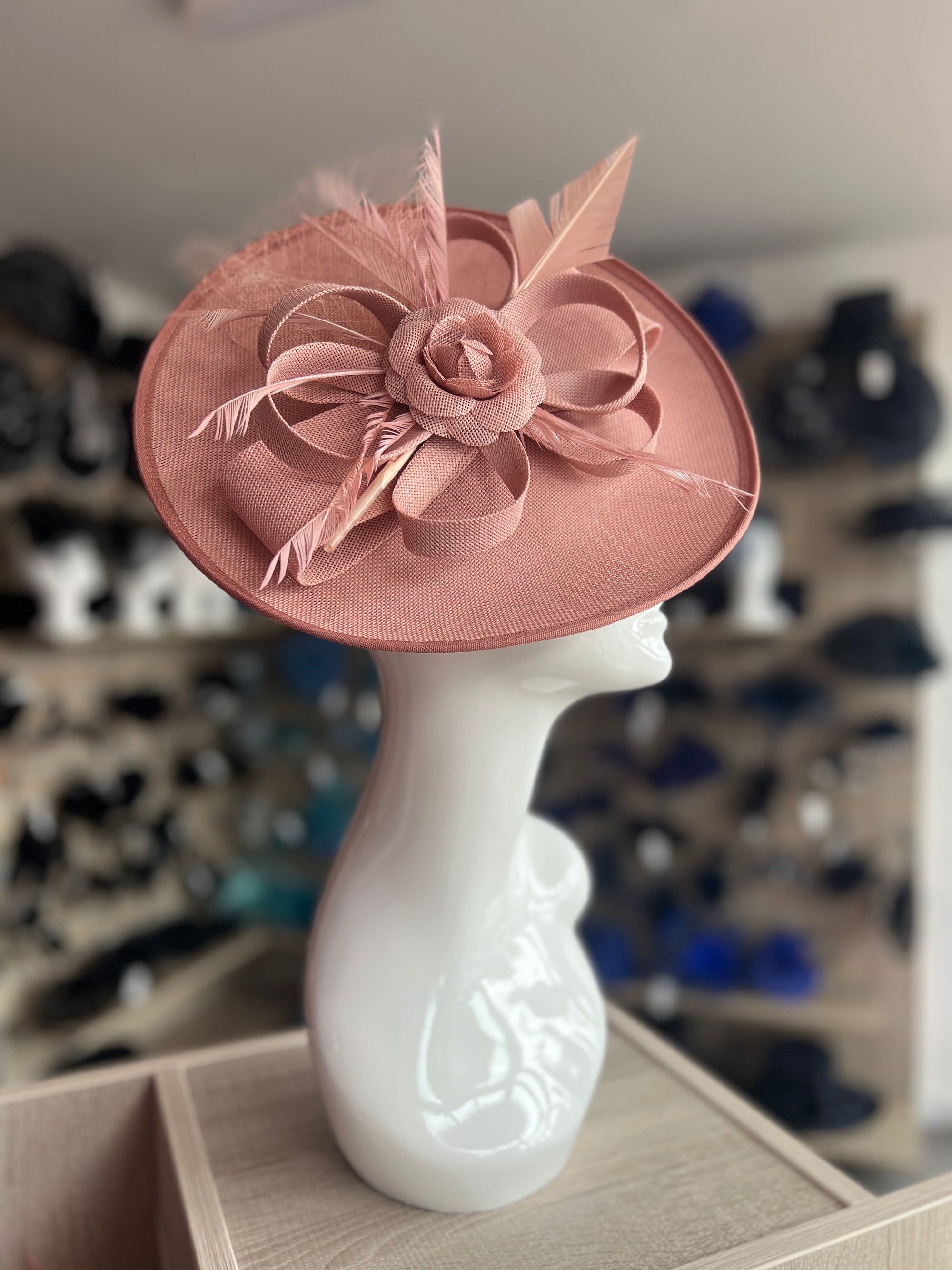 Saucer Style Dusky Pink Fascinator Hat with Rose & Ribbons-Fascinators Direct