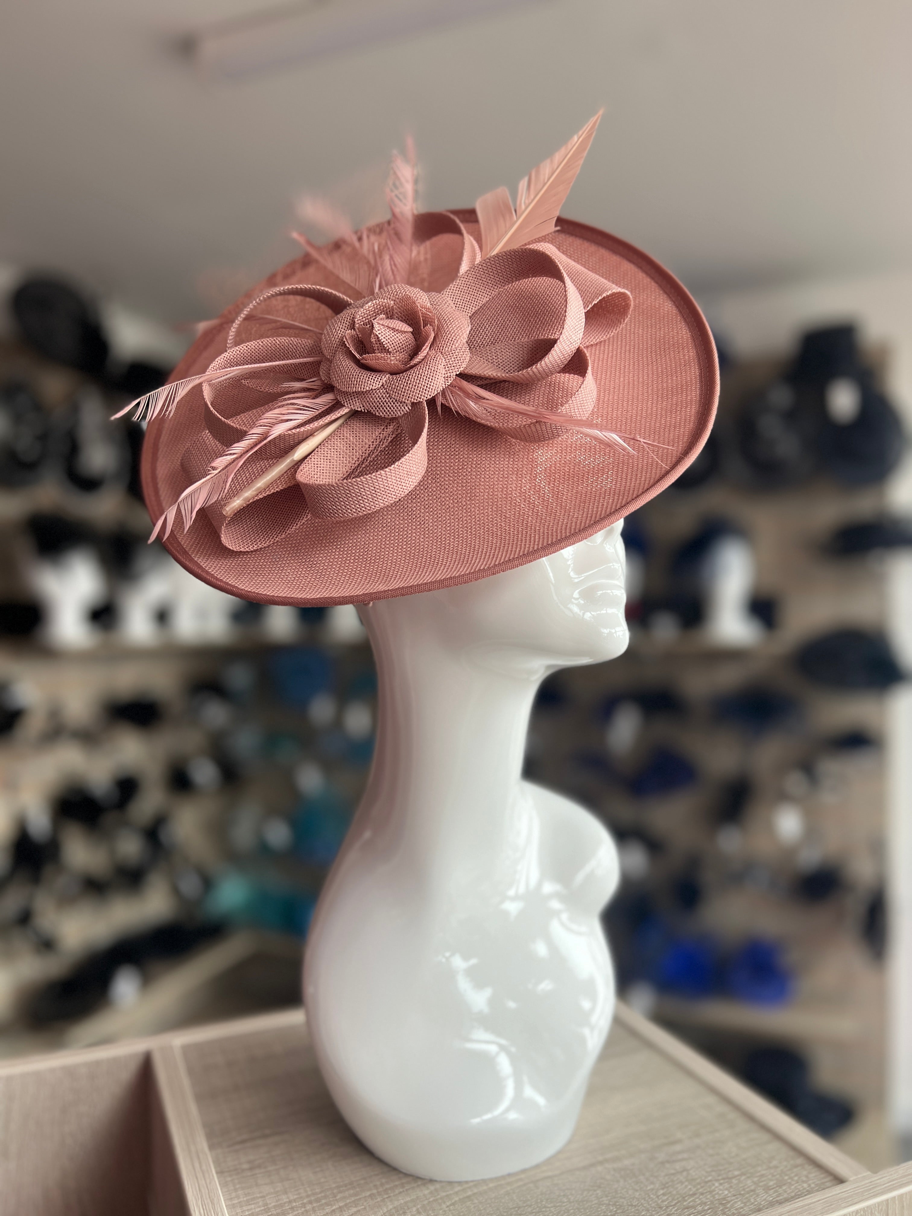 Saucer Style Dusky Pink Fascinator Hat with Rose Ribbons