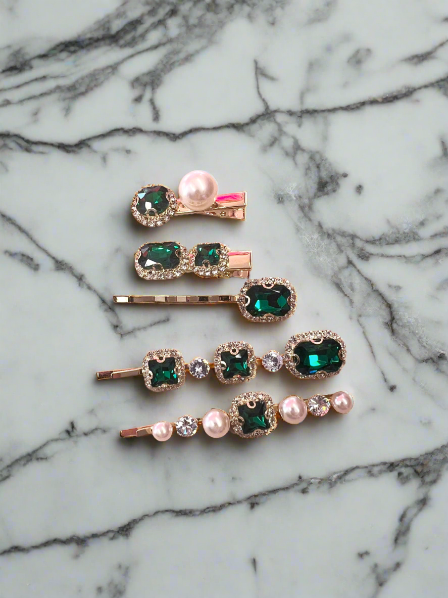 Set of 5 Emerald Green Crystal &amp; Pearl Hair Slides-Fascinators Direct