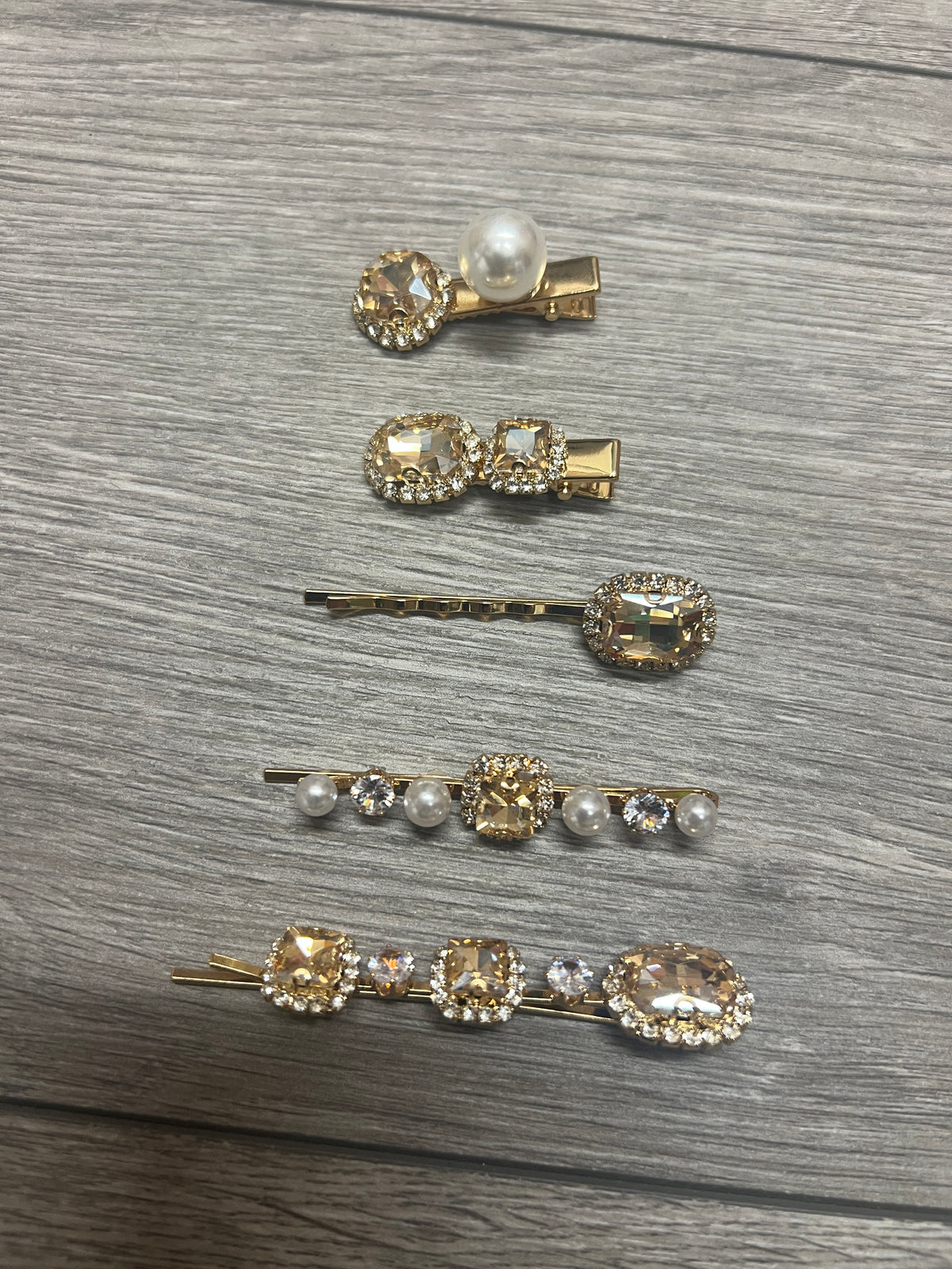 Set of 5 Gold Crystal &amp; Pearl Hair Slides-Fascinators Direct