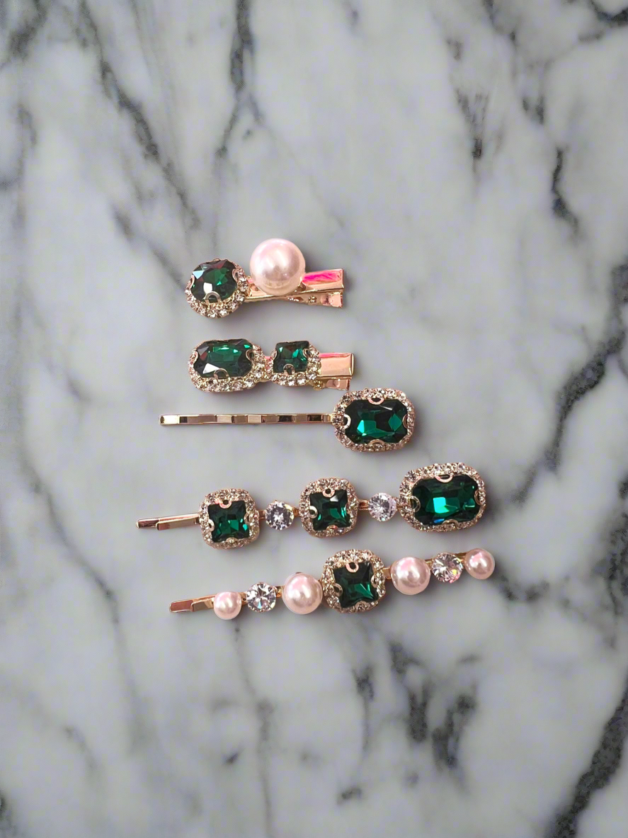 Set of 5 Green Crystal &amp; Pearl Hair Slides-Fascinators Direct