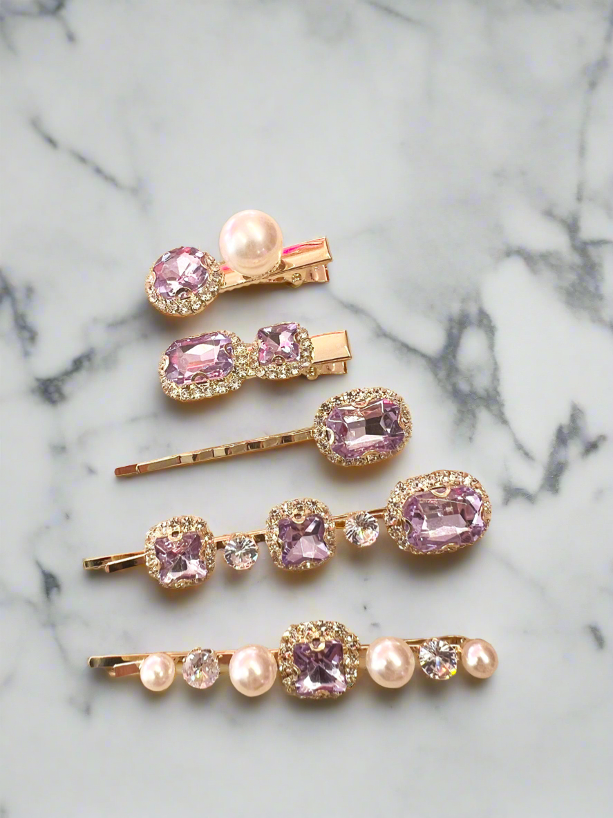 Set of 5 Lilac Crystal &amp; Pearl Hair Slides-Fascinators Direct