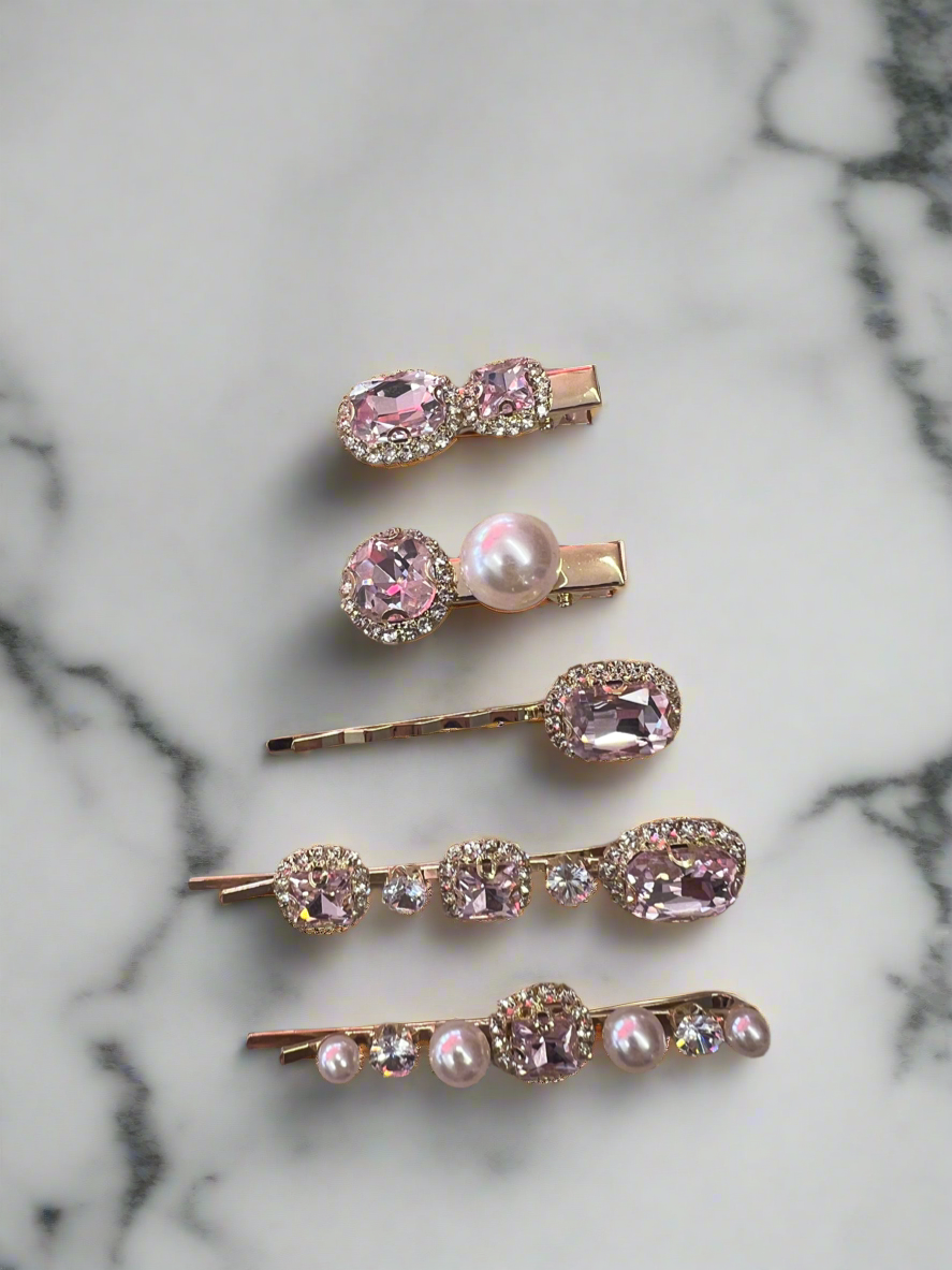 Set of 5 Pale Pink Crystal &amp; Pearl Hair Slides-Fascinators Direct