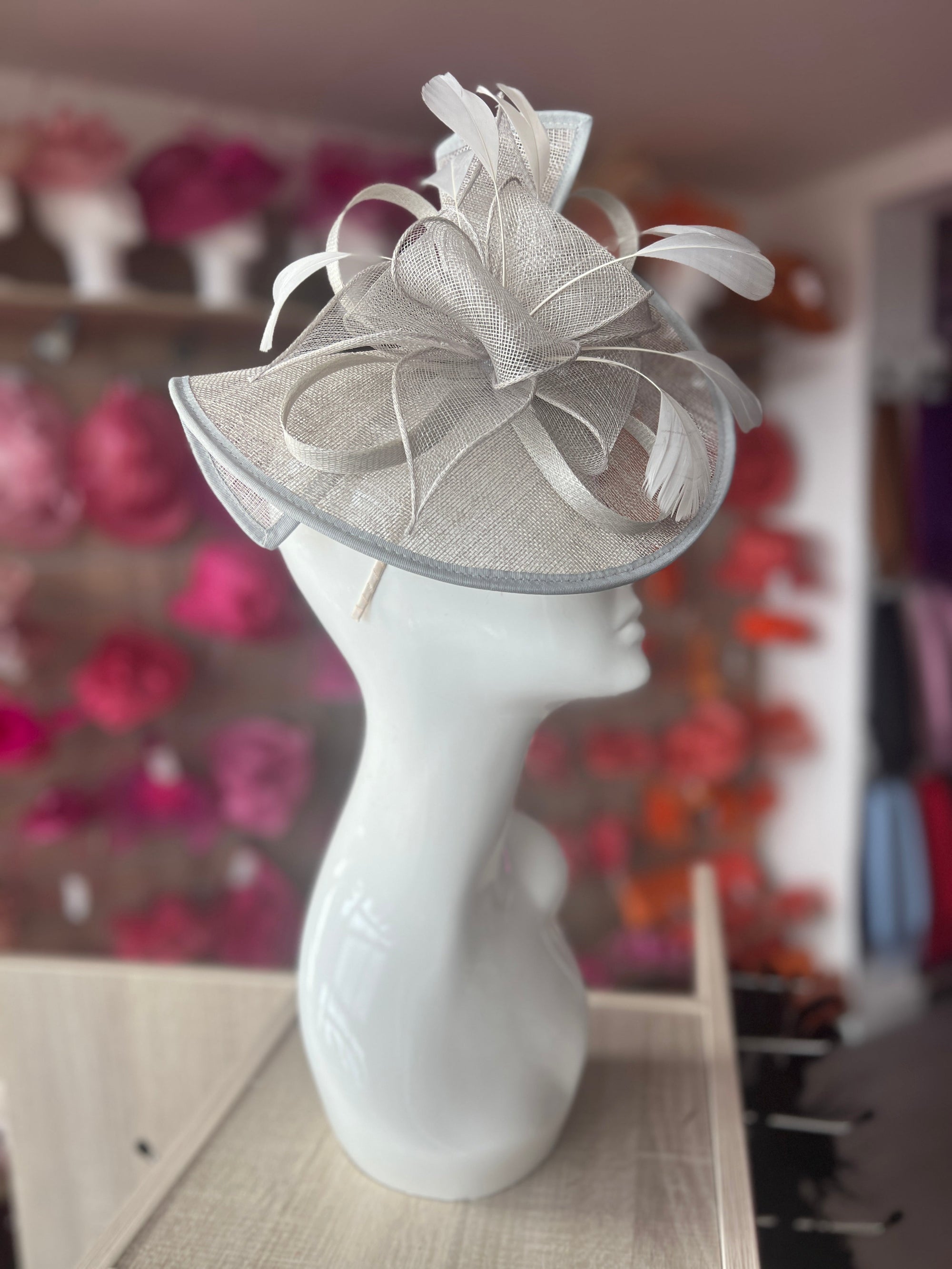 Silver Asymmetric Disc Fascinator With Feathers-Fascinators Direct