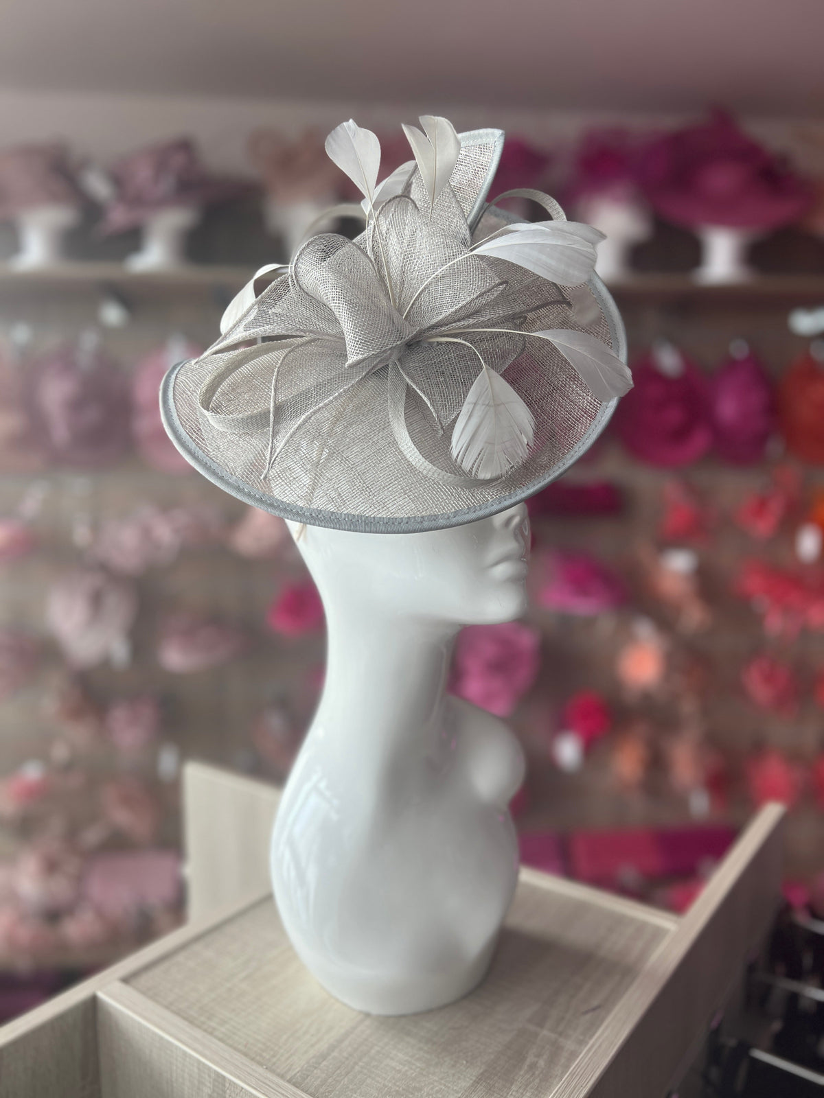 Silver Asymmetric Disc Fascinator With Feathers-Fascinators Direct