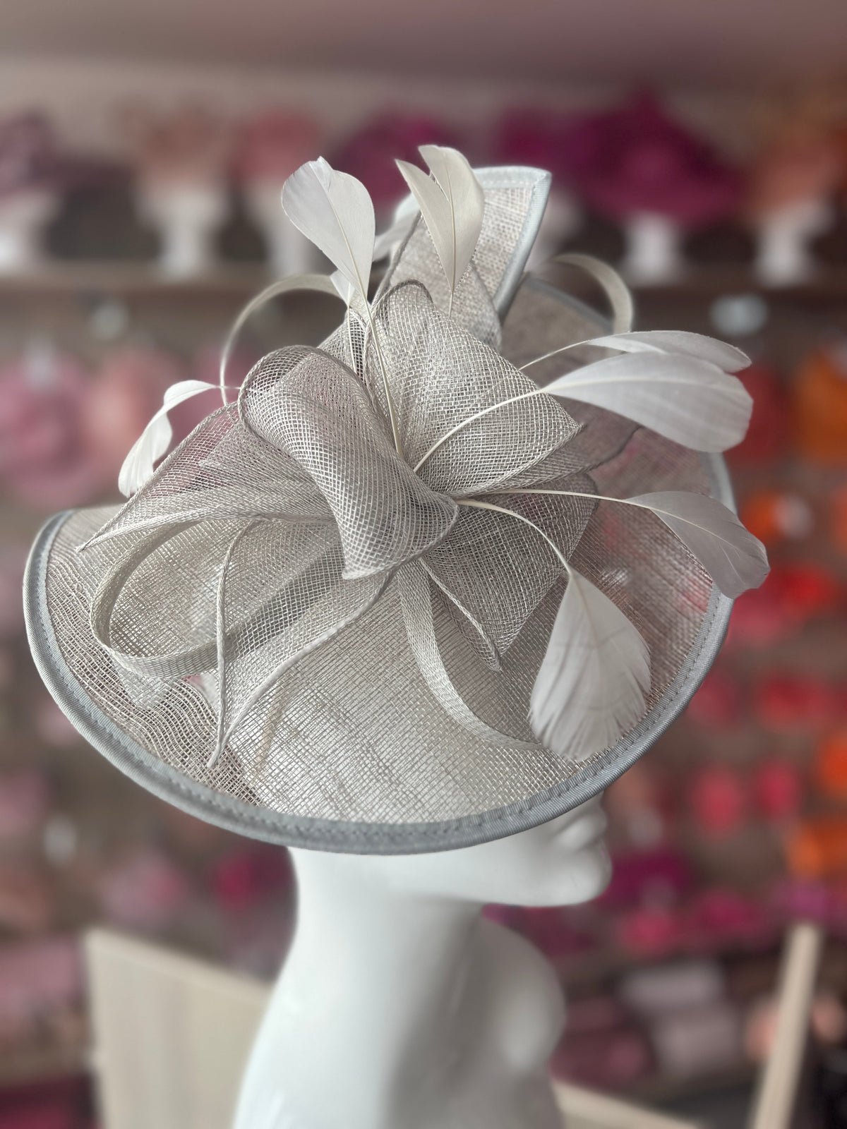 Silver Asymmetric Disc Fascinator With Feathers-Fascinators Direct