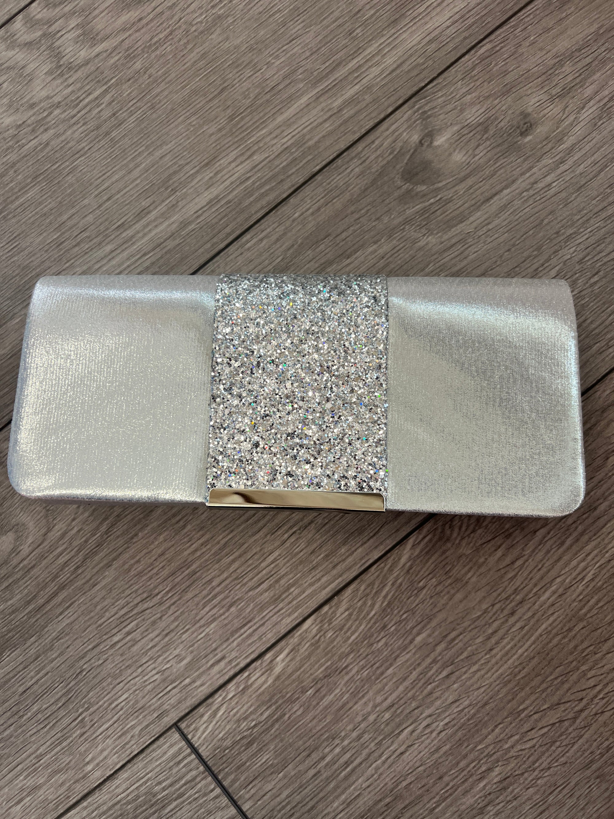 Silver Clutch Bag With Glitter Strip-Fascinators Direct