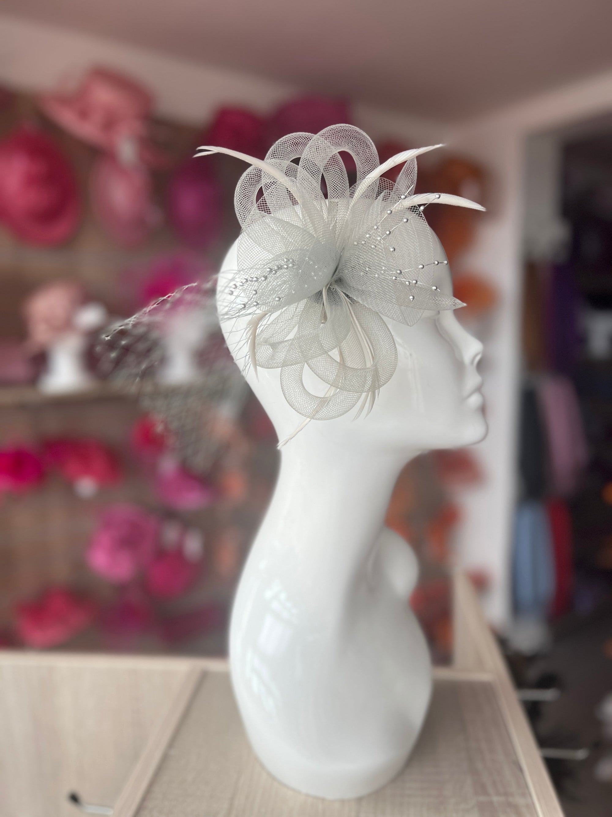 Silver Crinoline Fascinator With Beads & Netting-Fascinators Direct