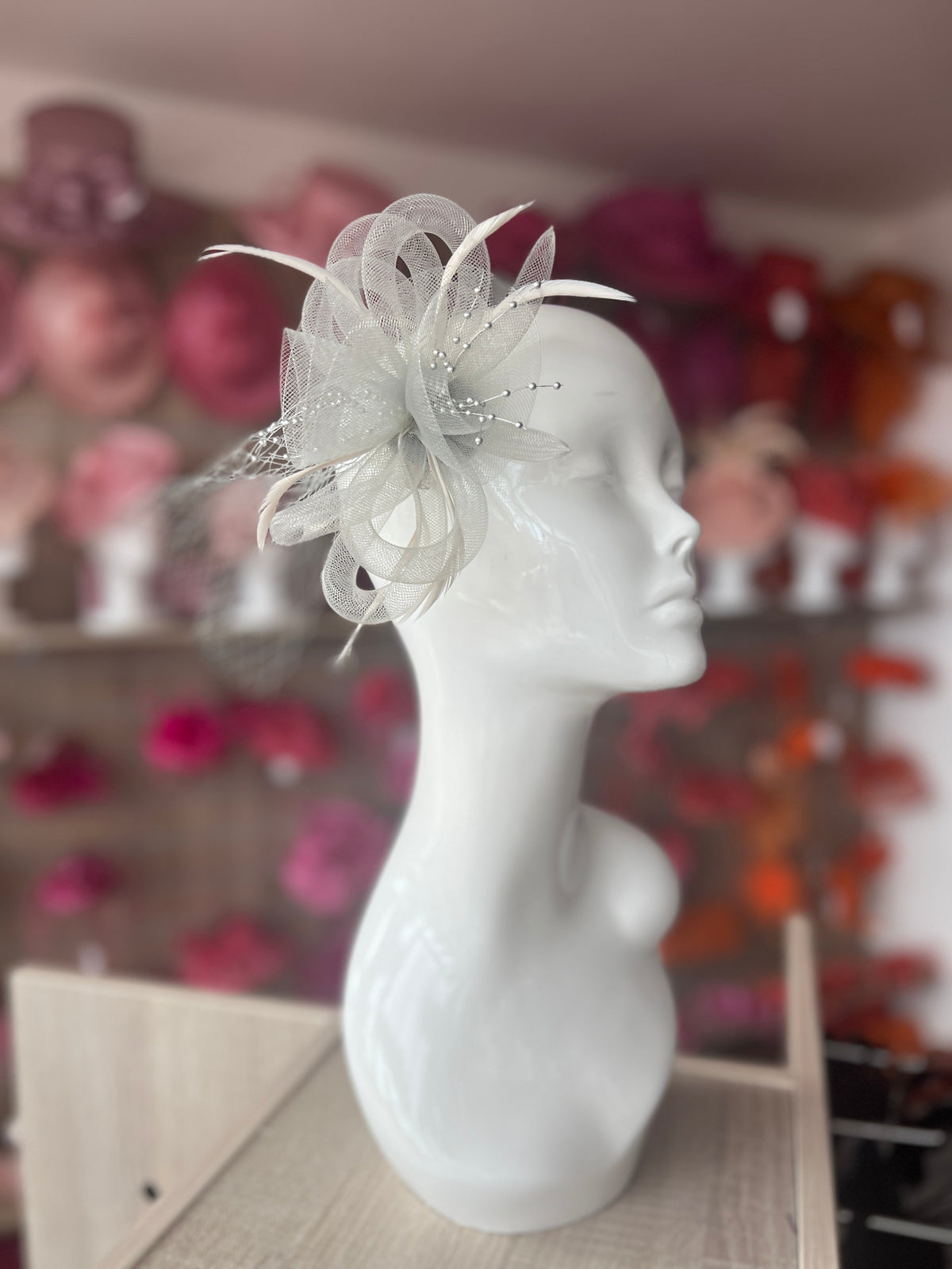 Silver Crinoline Fascinator With Beads &amp; Netting-Fascinators Direct