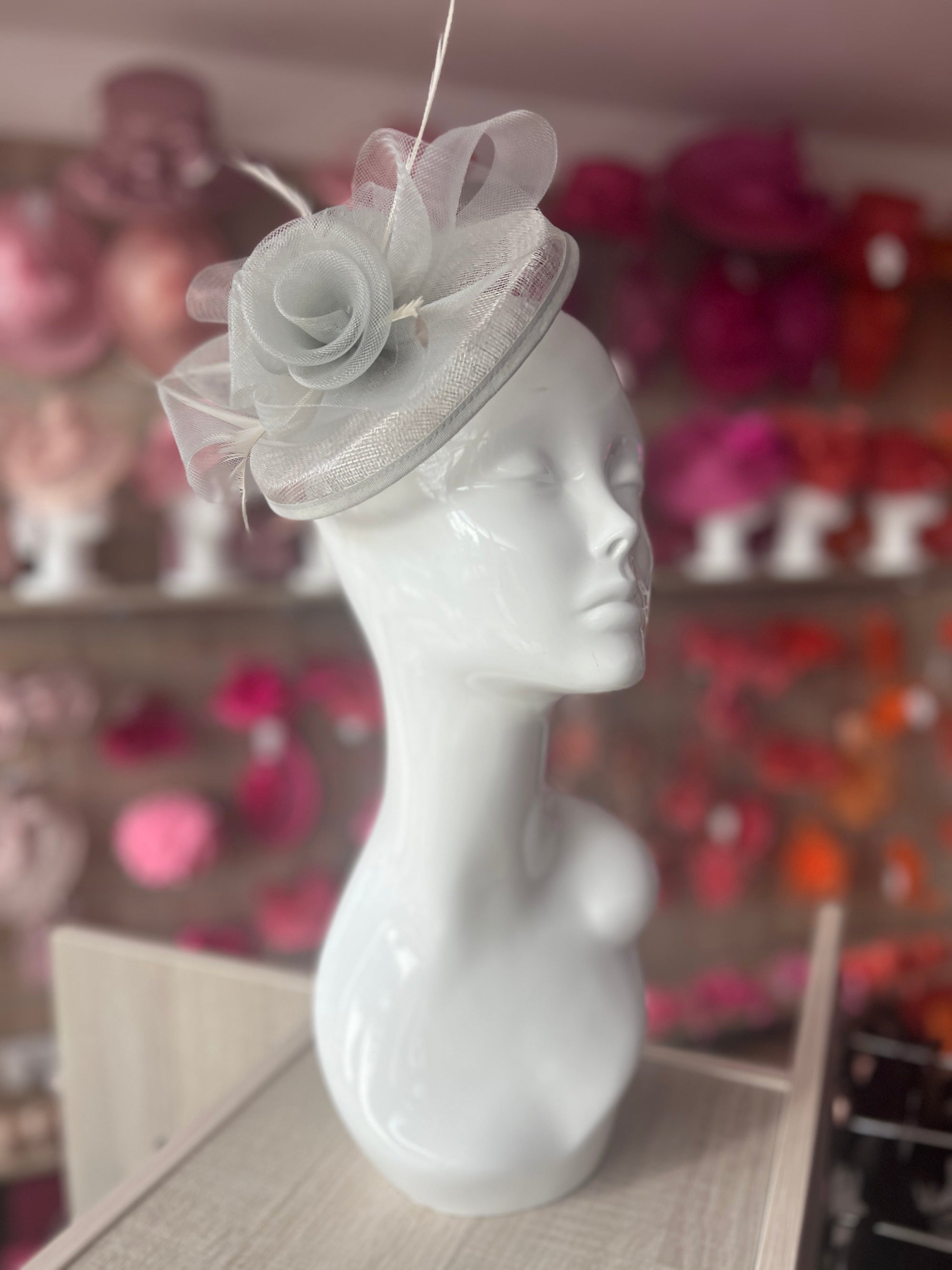 Silver Disc Fascinator With Floral Design & Feathers-Fascinators Direct