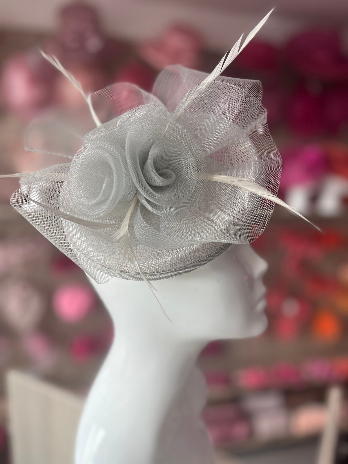 Silver Disc Fascinator With Floral Design &amp; Feathers-Fascinators Direct