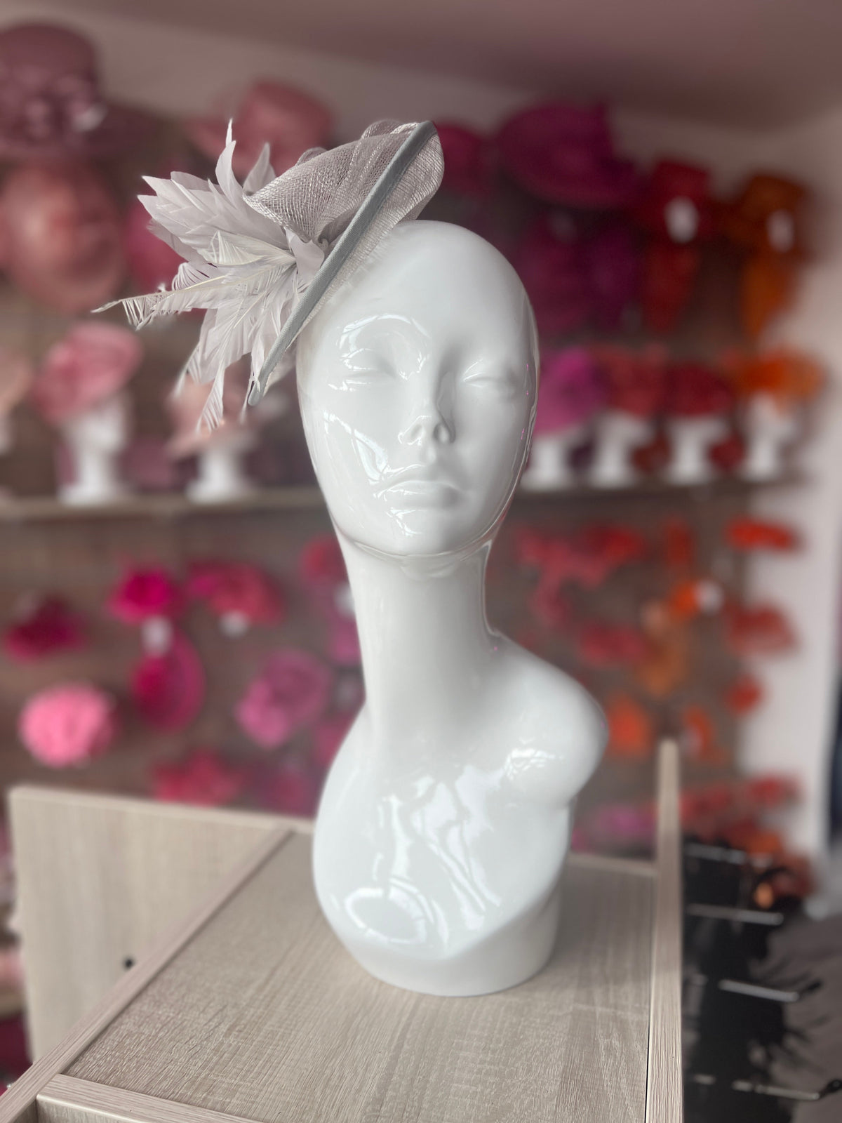 Silver Disc Fascinator With Sinamay Bow &amp; Feather Flowers-Fascinators Direct