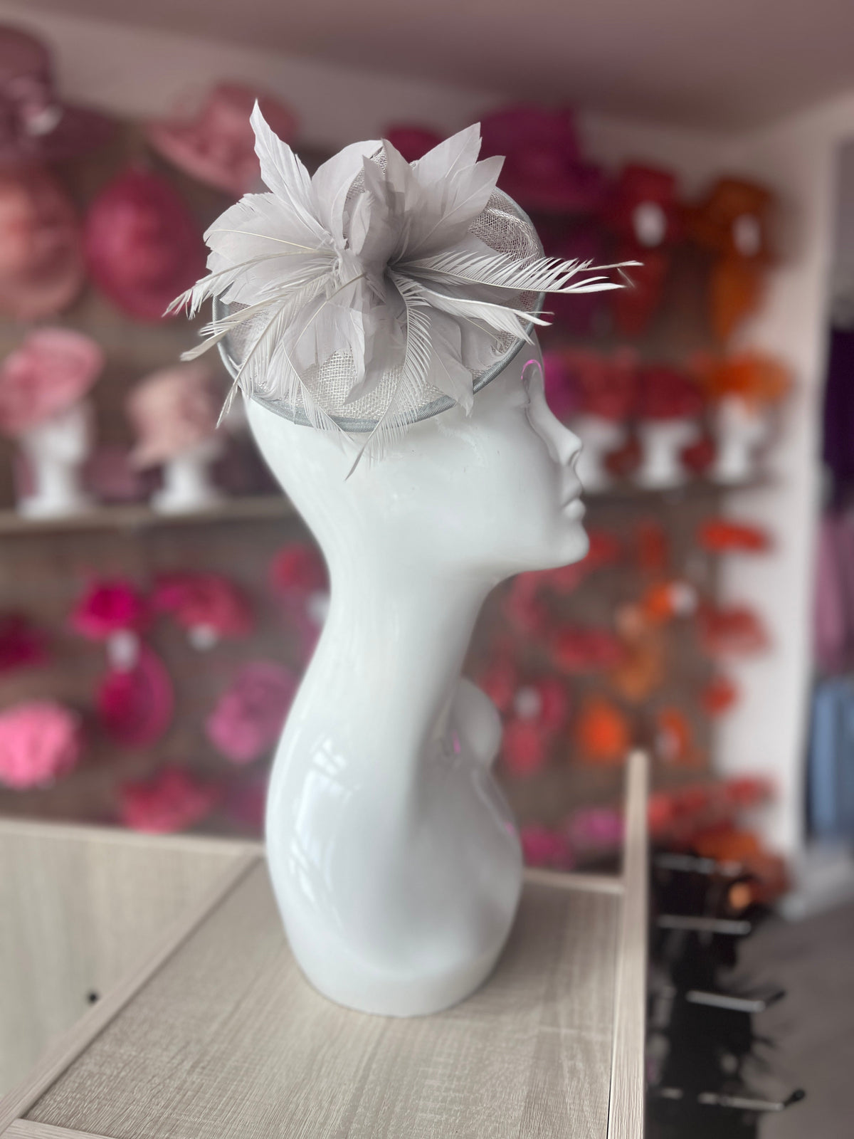 Silver Disc Fascinator With Sinamay Bow &amp; Feather Flowers-Fascinators Direct