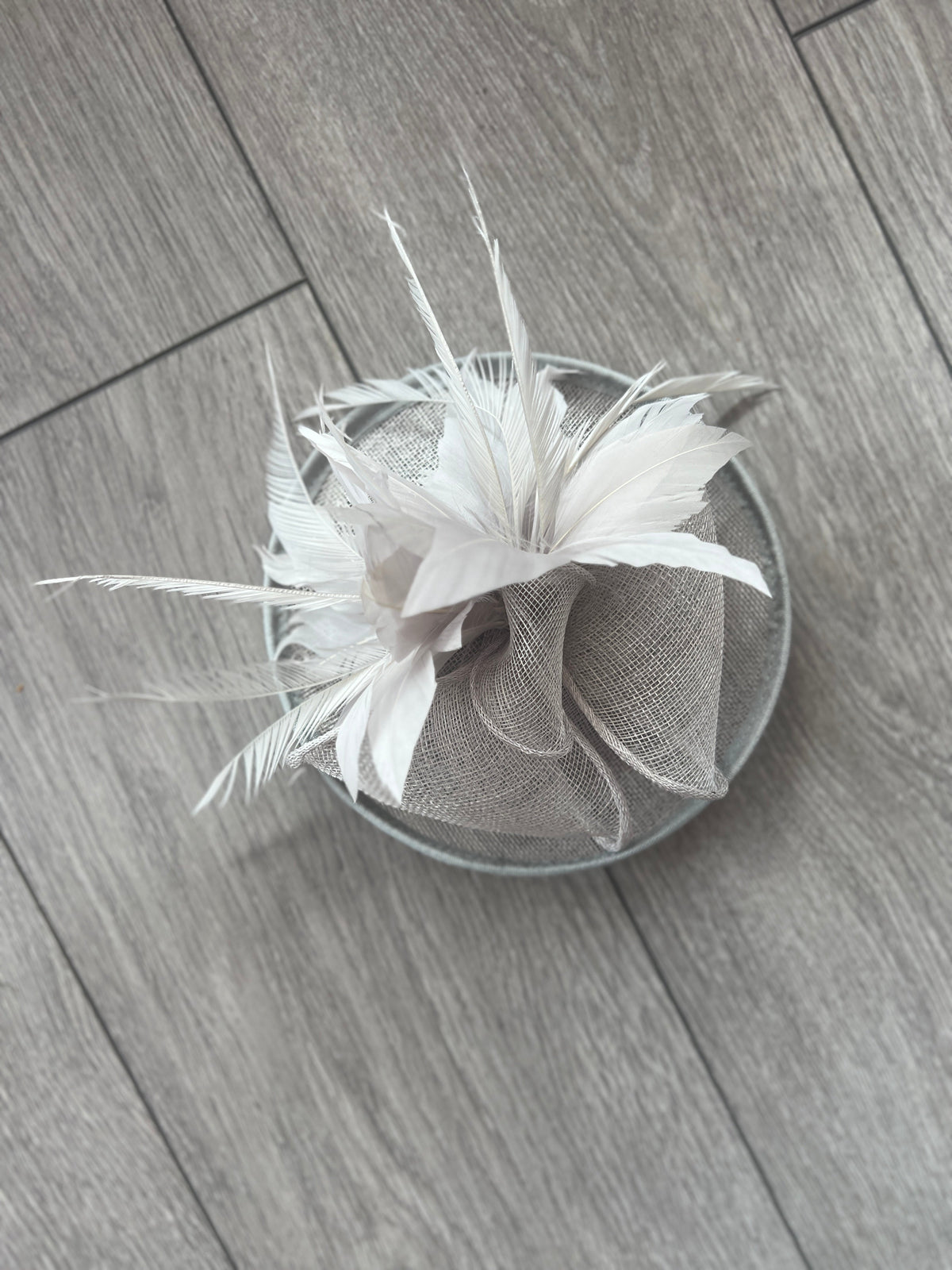 Silver Disc Fascinator With Sinamay Bow &amp; Feather Flowers-Fascinators Direct