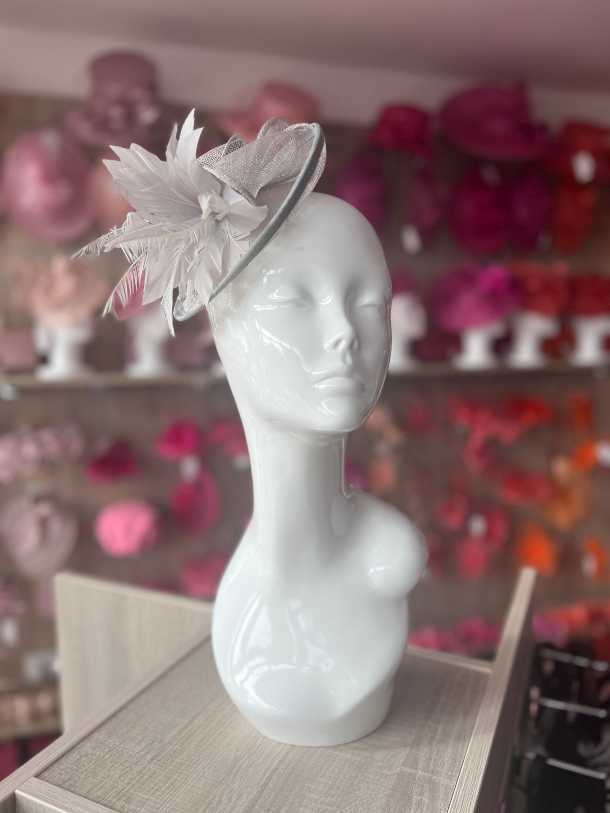 Silver Disc Fascinator With Sinamay Bow &amp; Feather Flowers-Fascinators Direct
