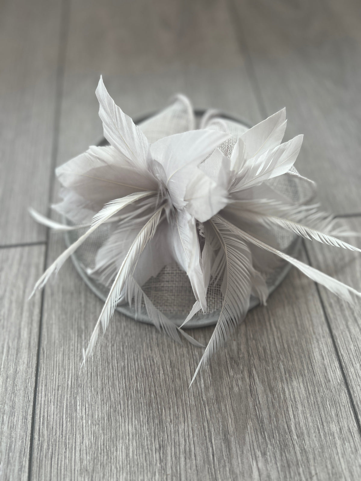 Silver Disc Fascinator With Sinamay Bow &amp; Feather Flowers-Fascinators Direct