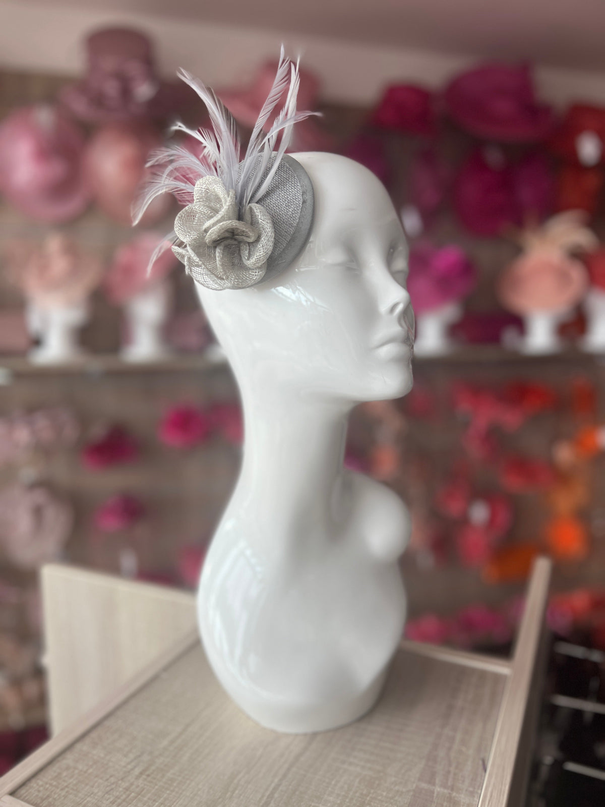 Silver Disc Fascinator with Sinamay Flowers &amp; Feathers-Fascinators Direct