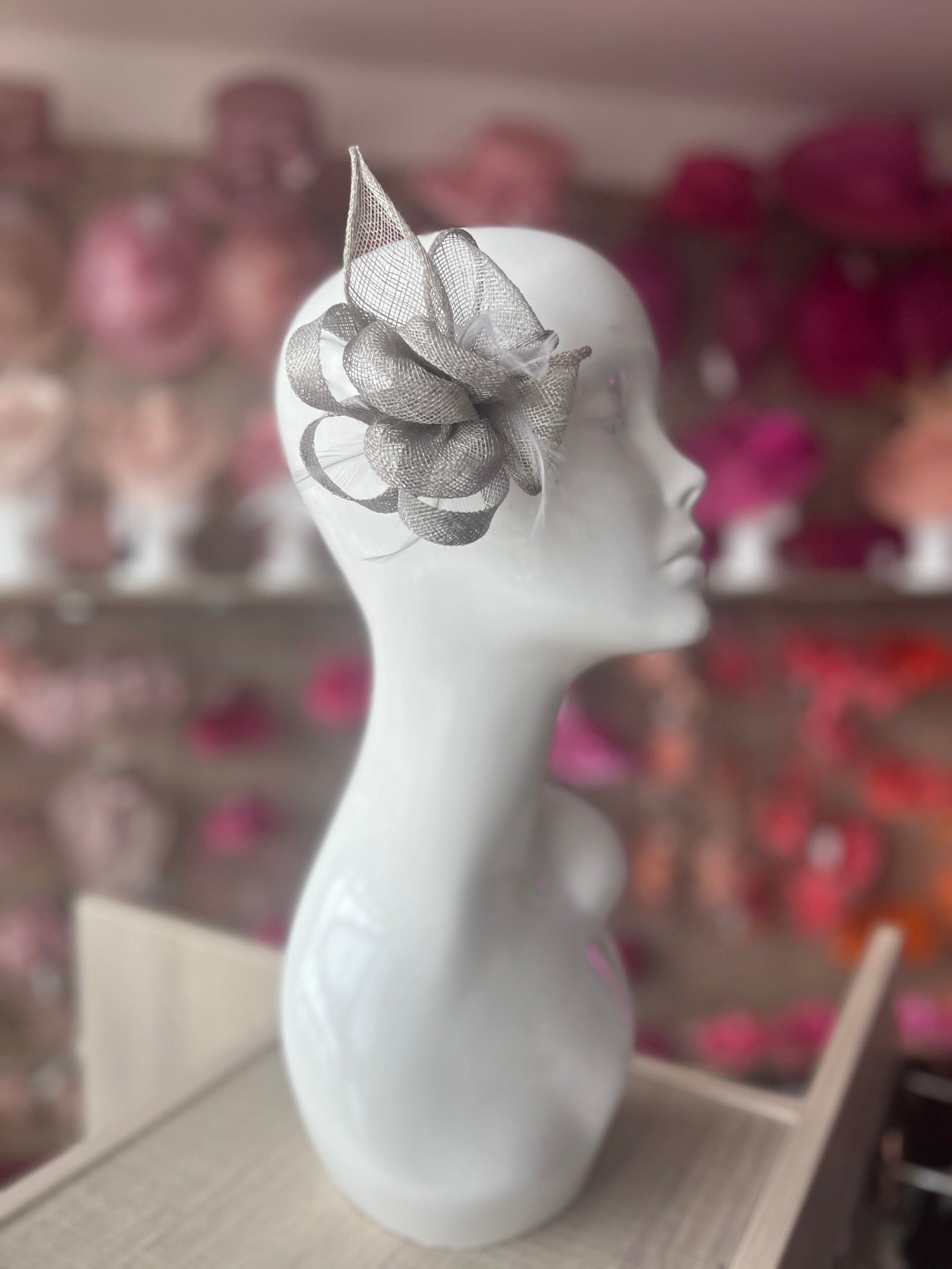 Silver Fascinator Clip with Sinamay & Feather Flower-Fascinators Direct