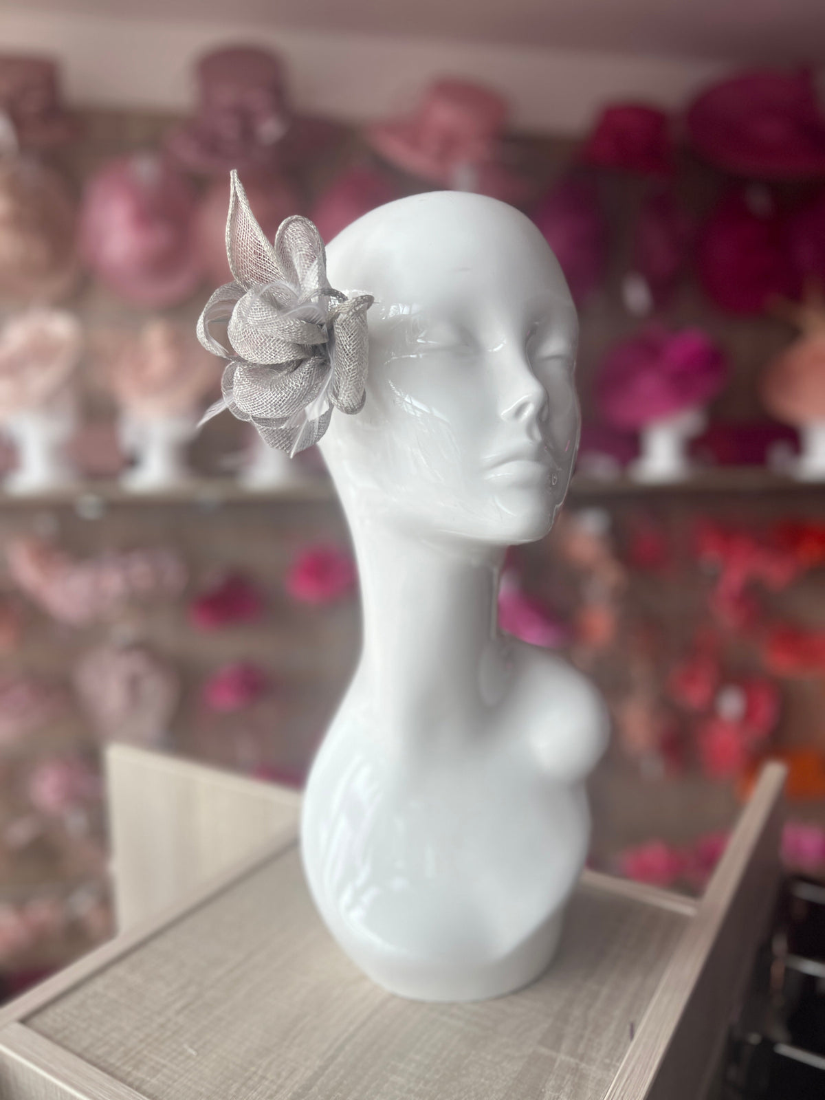 Silver Fascinator Clip with Sinamay &amp; Feather Flower-Fascinators Direct