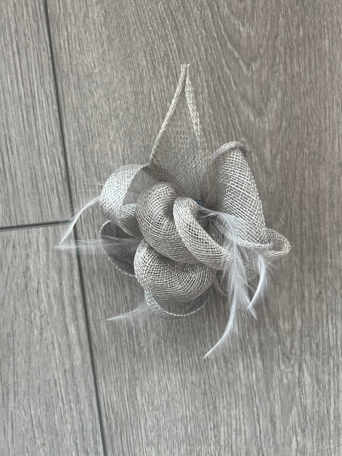 Silver Fascinator Clip with Sinamay &amp; Feather Flower-Fascinators Direct